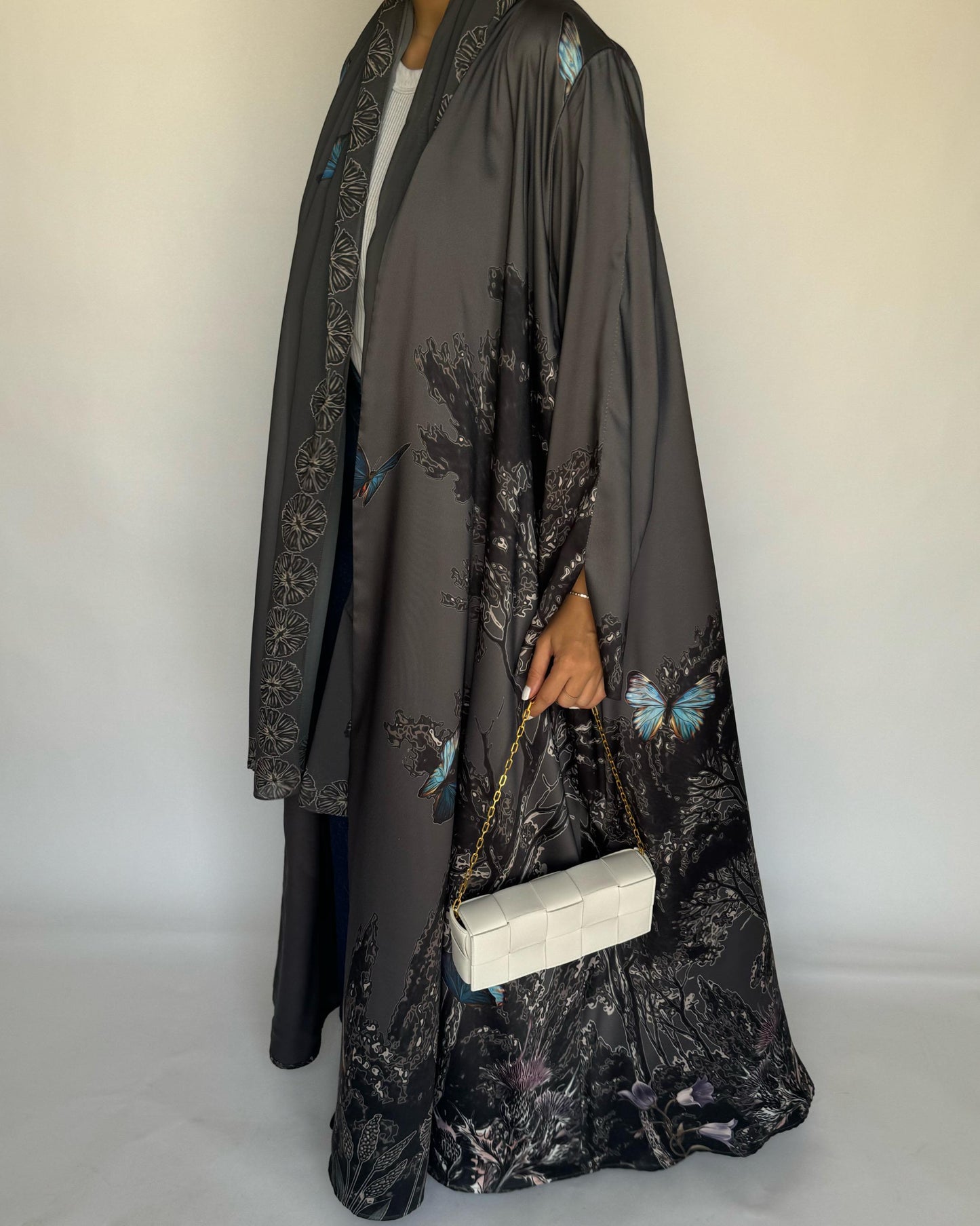 A387 - Gray Butterfly Forest A-Cut Summery Abaya