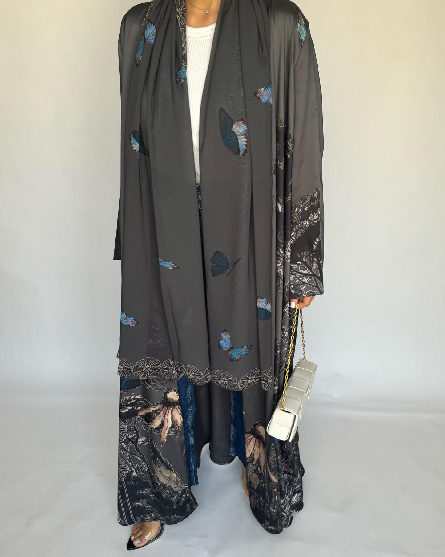 A387 - Gray Butterfly Forest A-Cut Summery Abaya