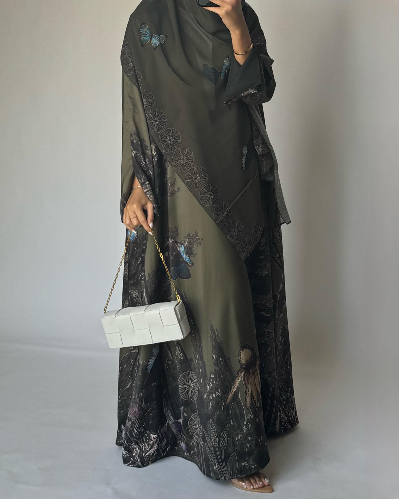 A389 - Green Butterfly Forest A-Cut Summery Abaya