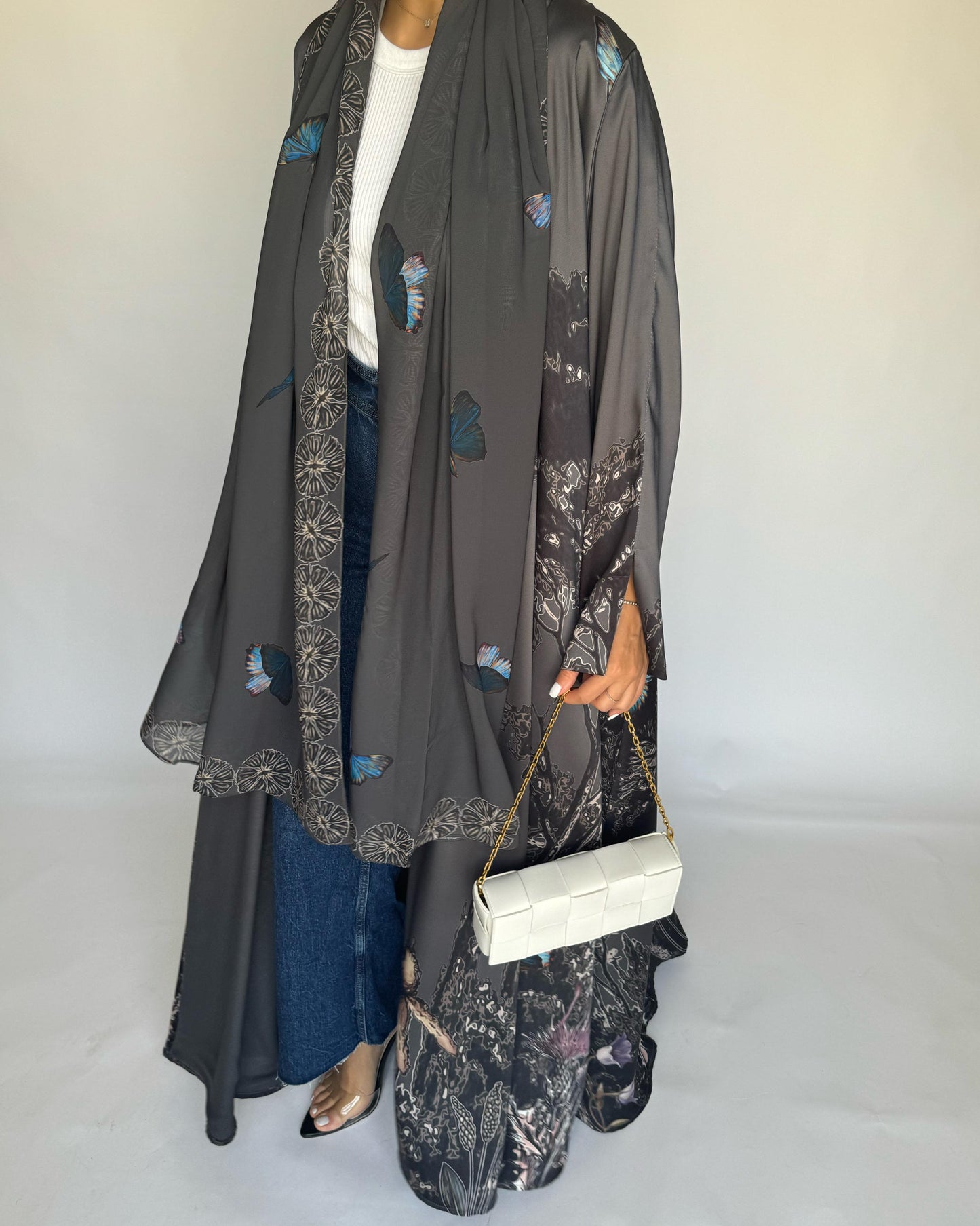 A387 - Gray Butterfly Forest A-Cut Summery Abaya