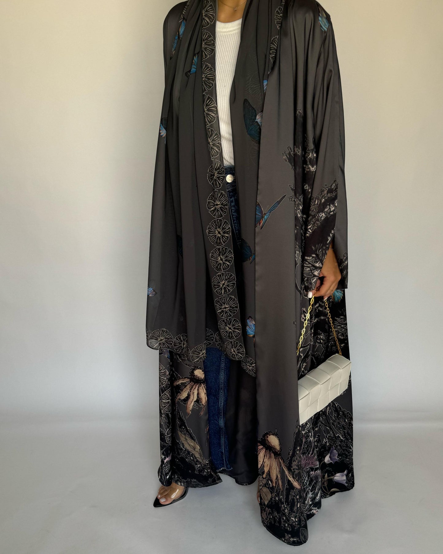 A387 - Gray Butterfly Forest A-Cut Summery Abaya
