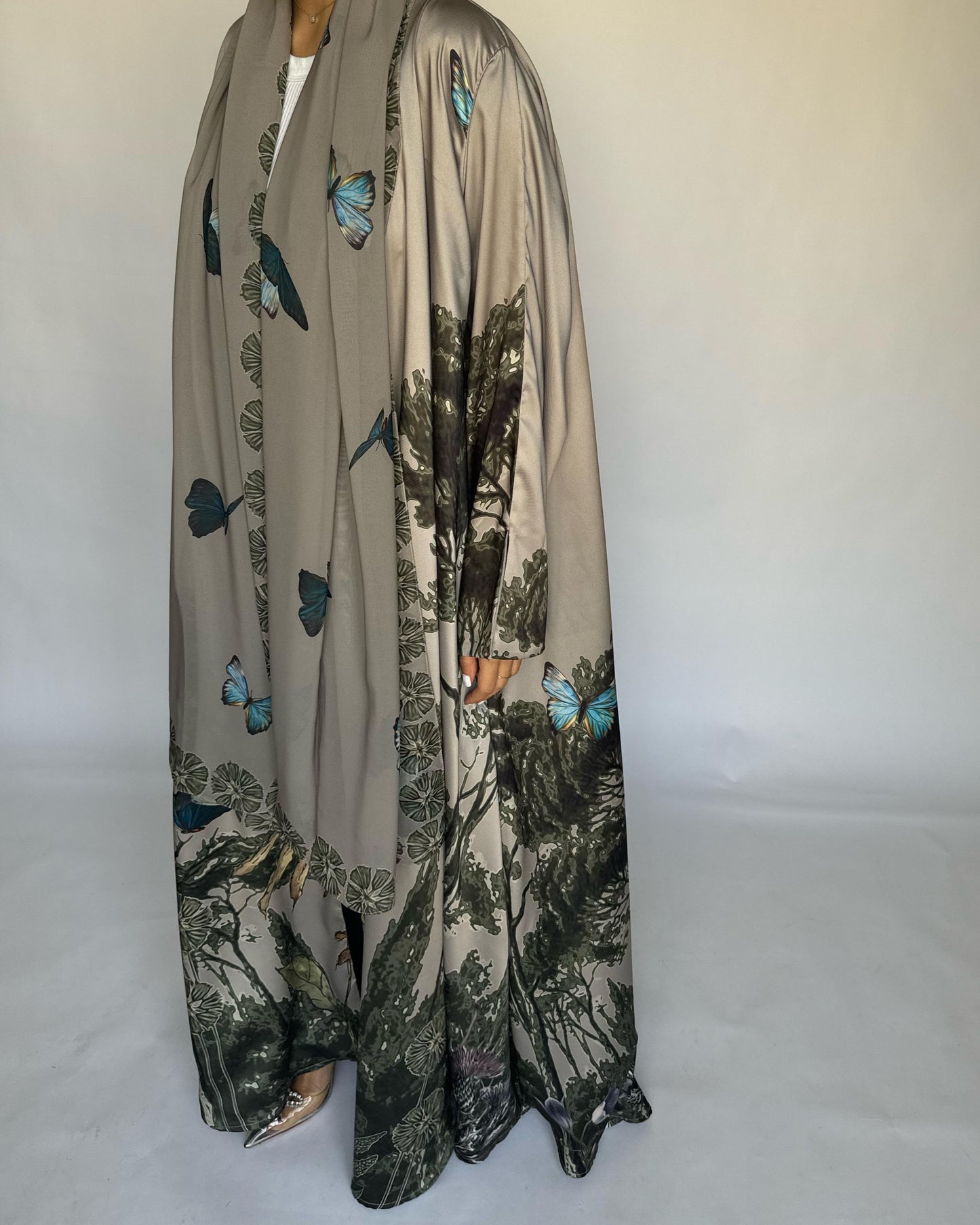 A388 - Gray Olive Butterfly Forest A-Cut Summery Abaya