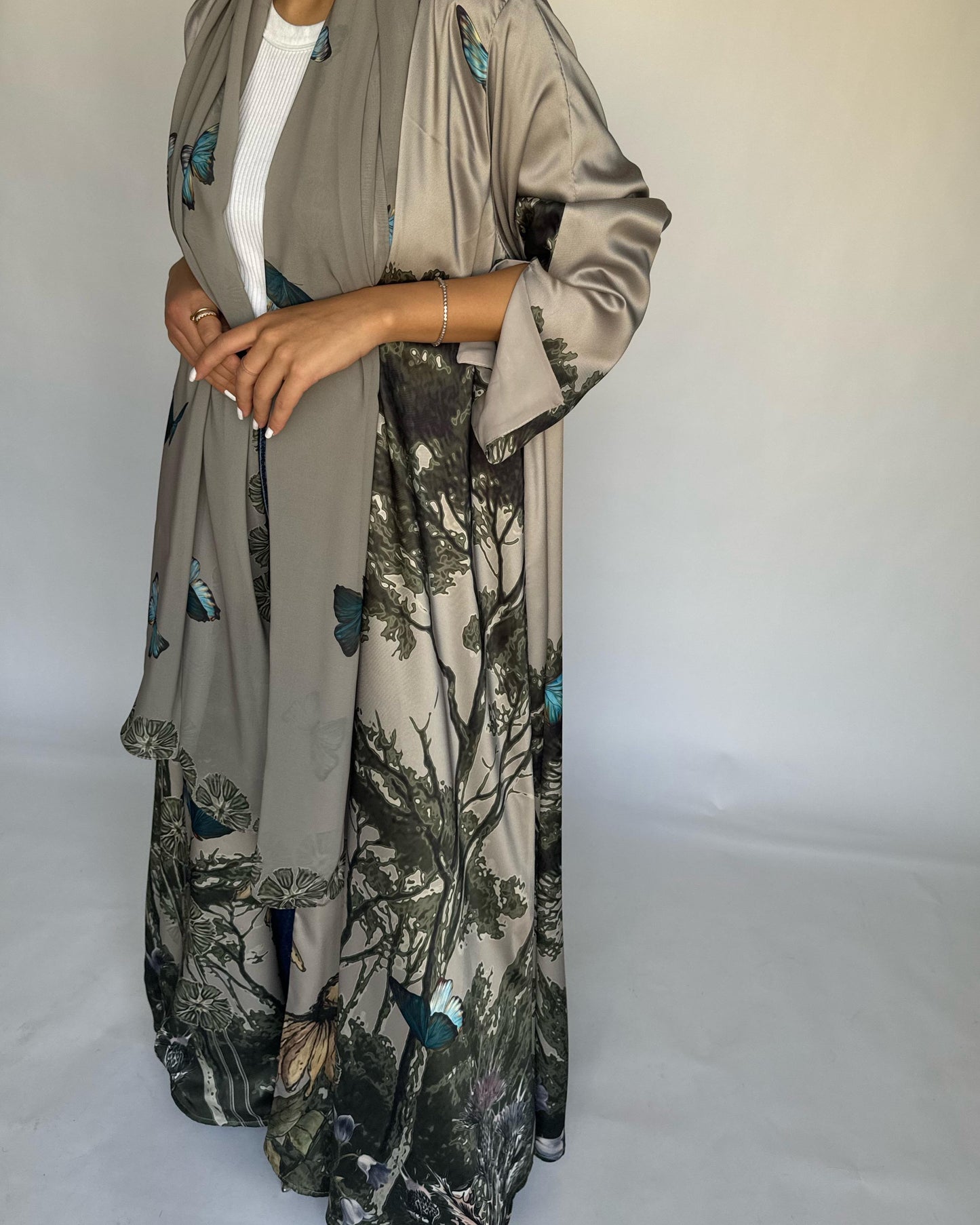 A388 - Gray Olive Butterfly Forest A-Cut Summery Abaya