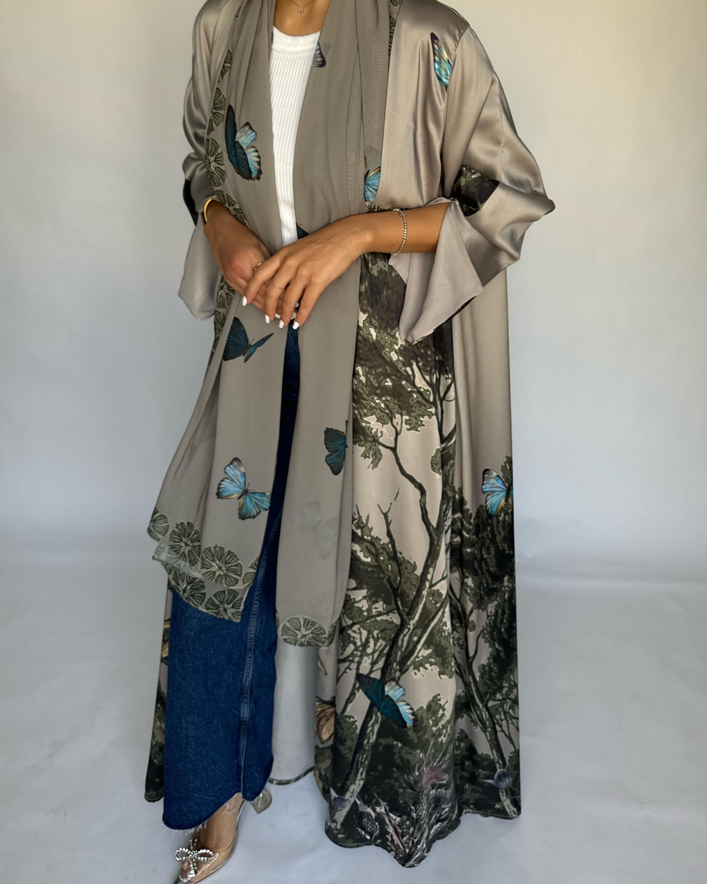 A388 - Gray Olive Butterfly Forest A-Cut Summery Abaya