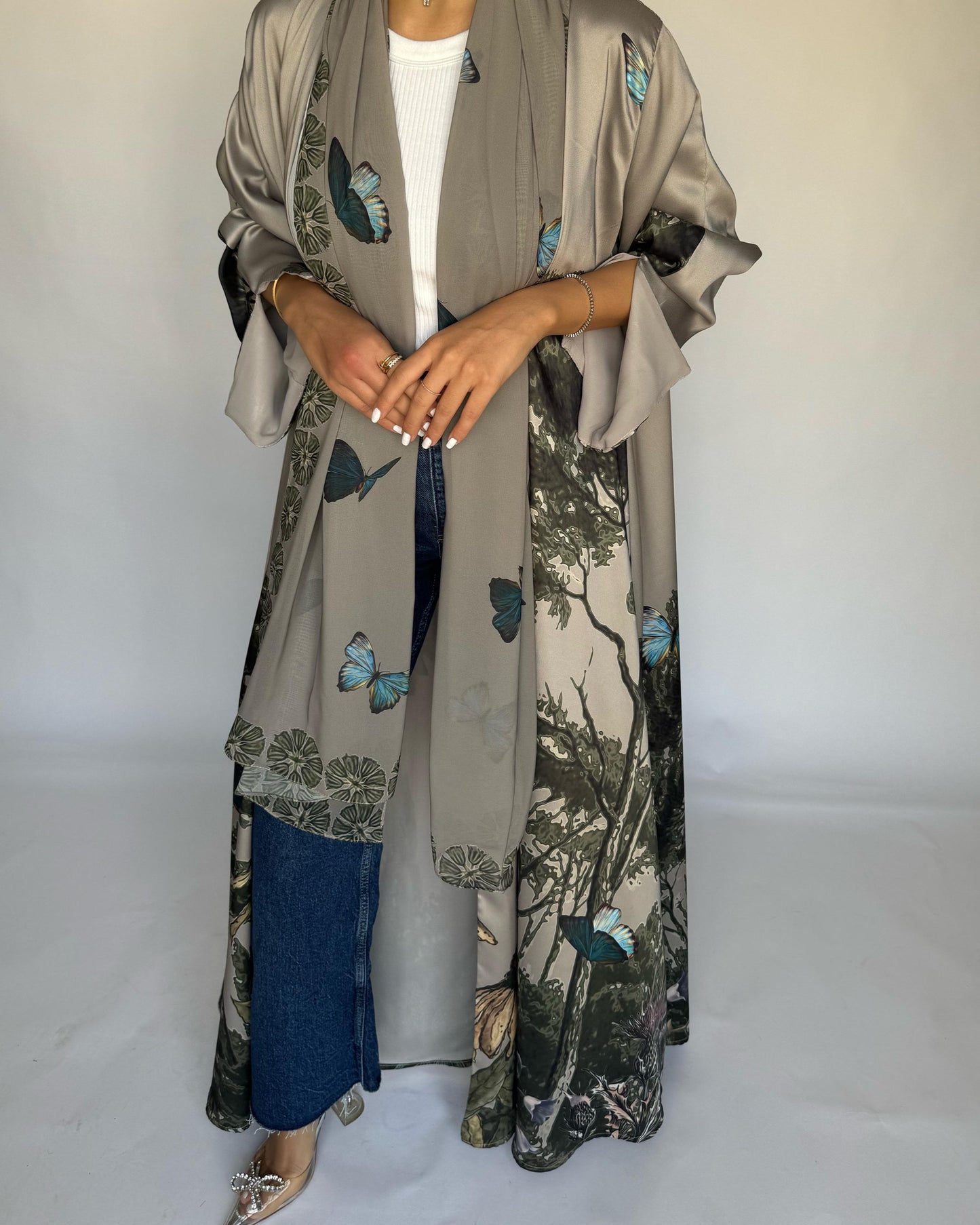 A388 - Gray Olive Butterfly Forest A-Cut Summery Abaya