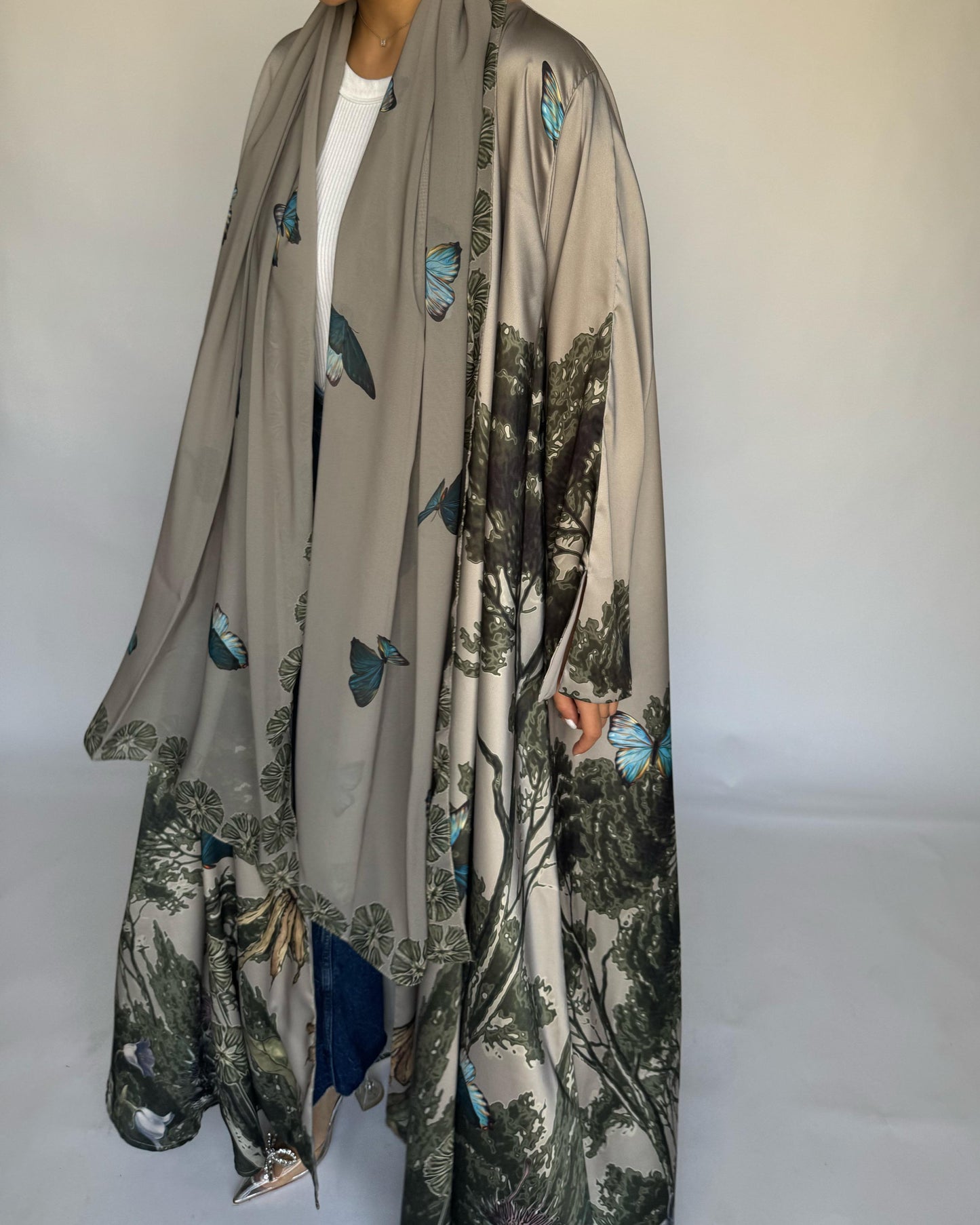 A388 - Gray Olive Butterfly Forest A-Cut Summery Abaya
