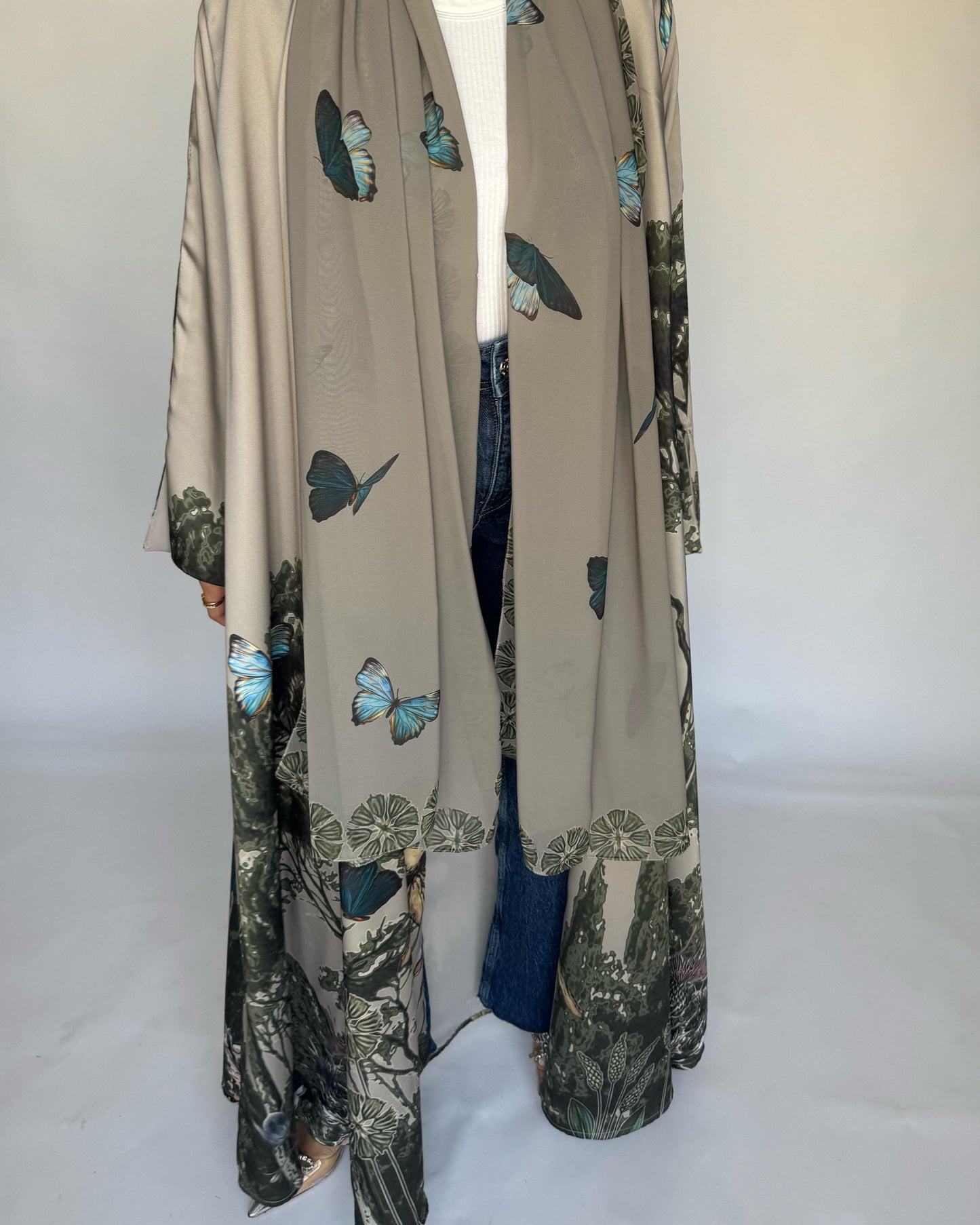 A388 - Gray Olive Butterfly Forest A-Cut Summery Abaya