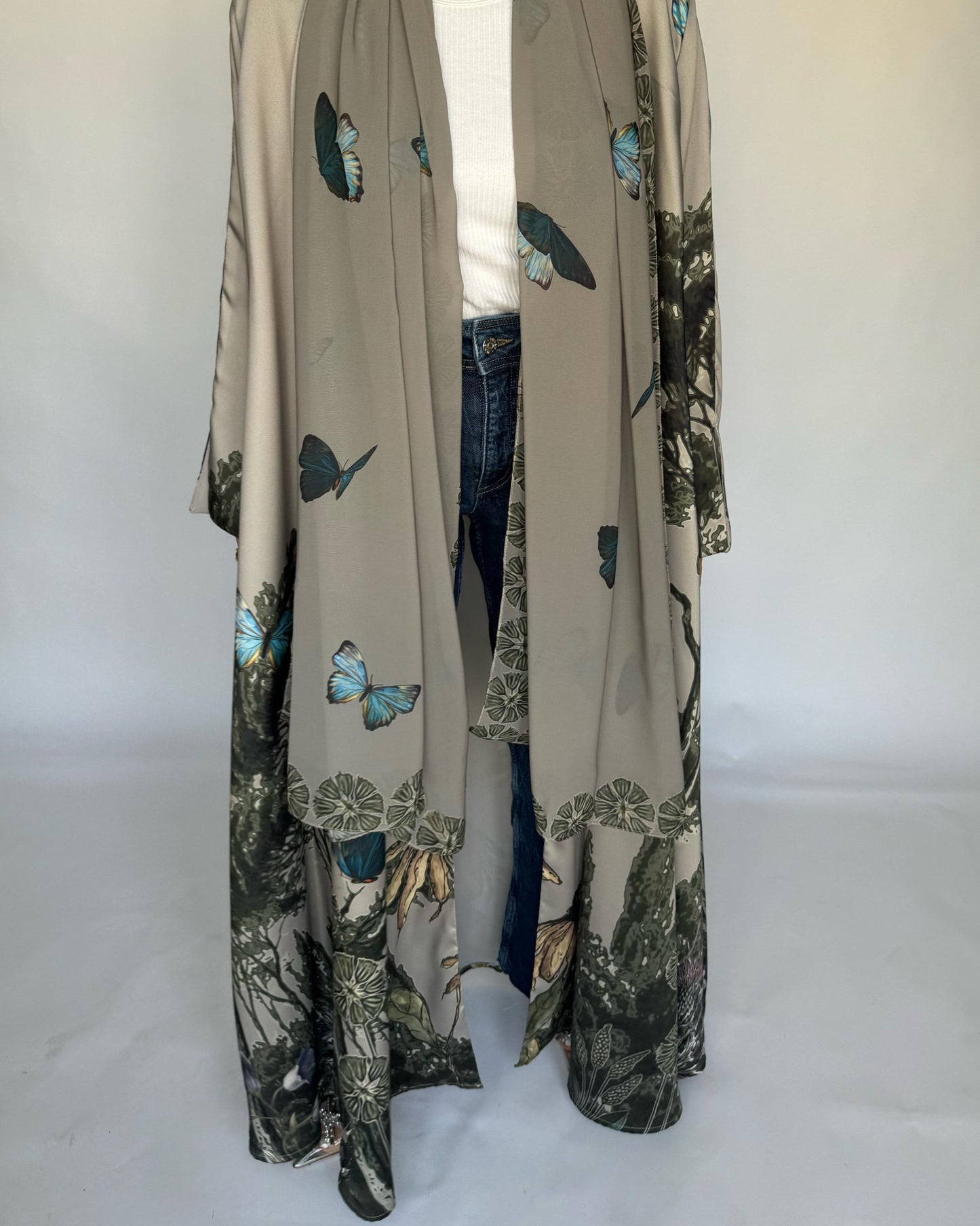 A388 - Gray Olive Butterfly Forest A-Cut Summery Abaya