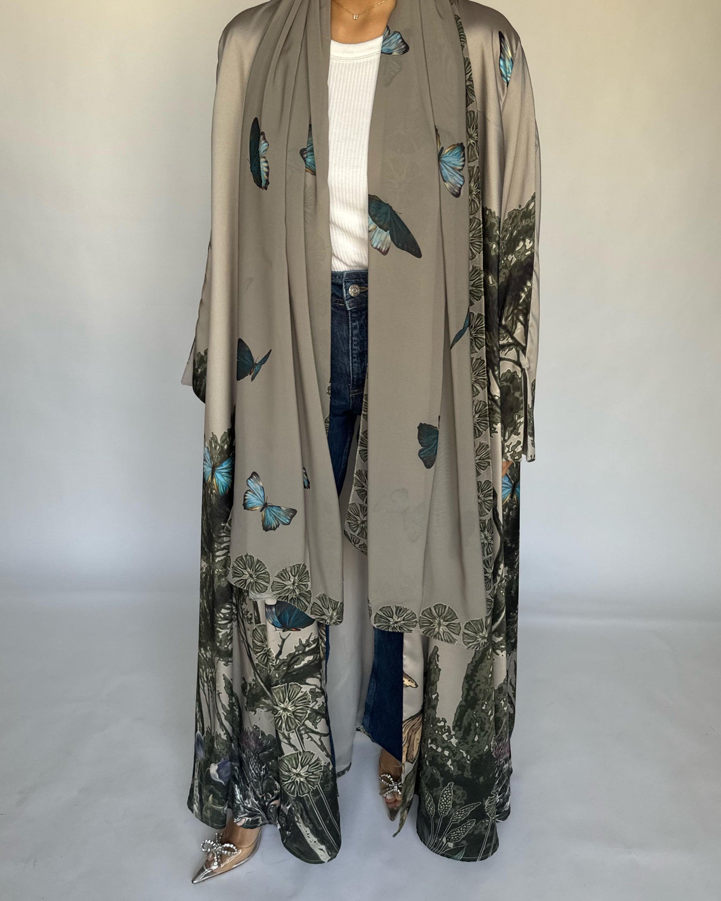 A388 - Gray Olive Butterfly Forest A-Cut Summery Abaya