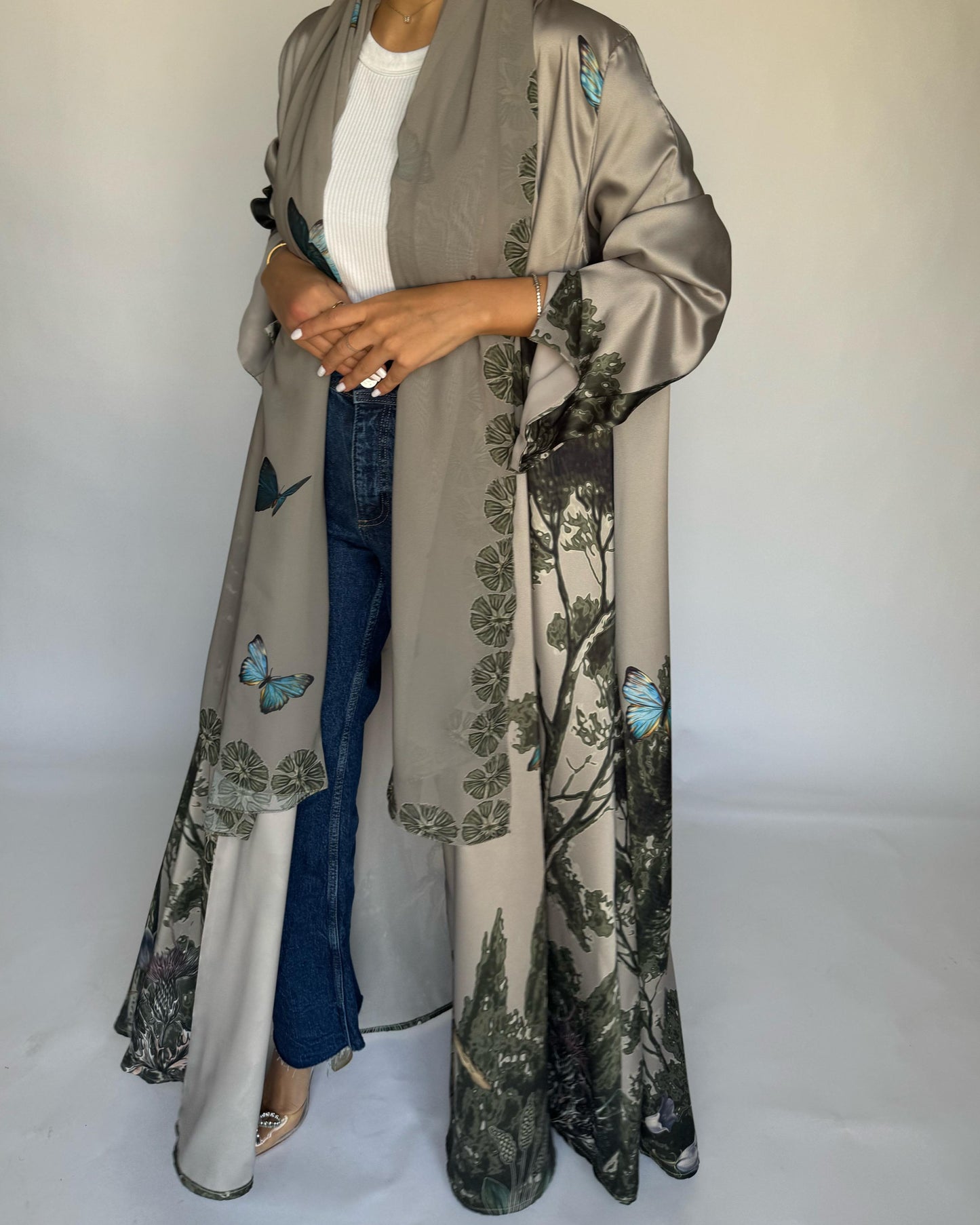 A388 - Gray Olive Butterfly Forest A-Cut Summery Abaya