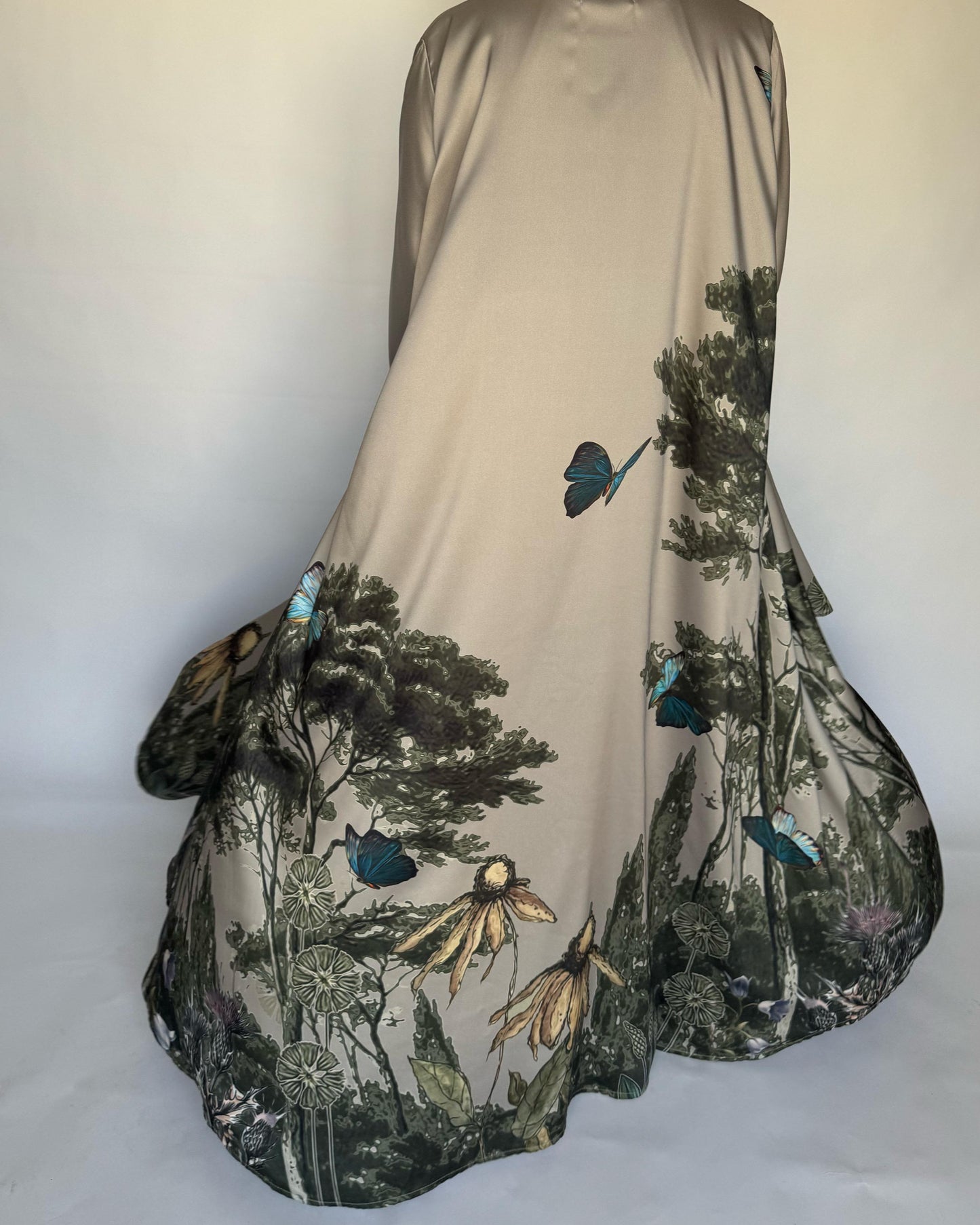 A388 - Gray Olive Butterfly Forest A-Cut Summery Abaya