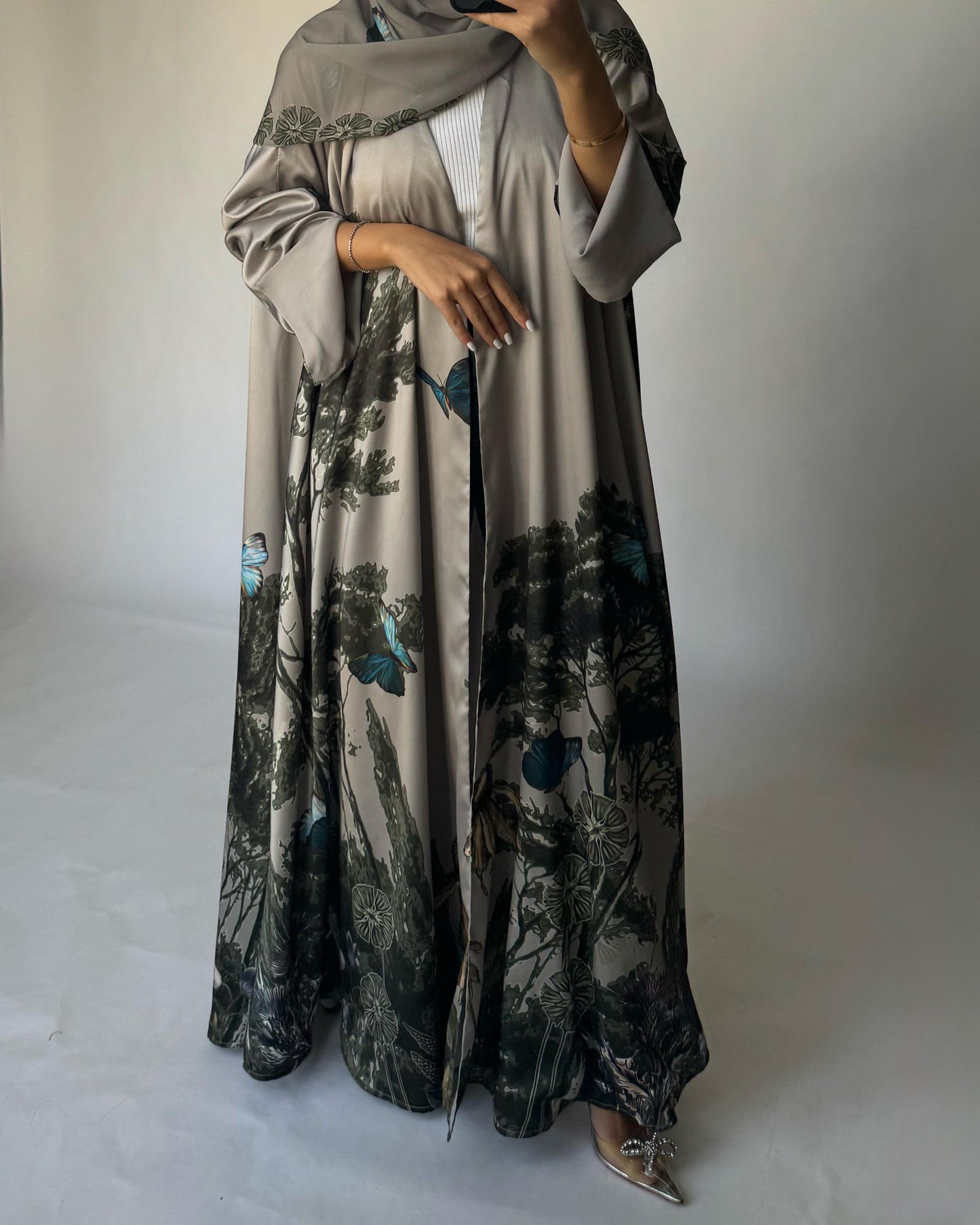 A388 - Gray Olive Butterfly Forest A-Cut Summery Abaya