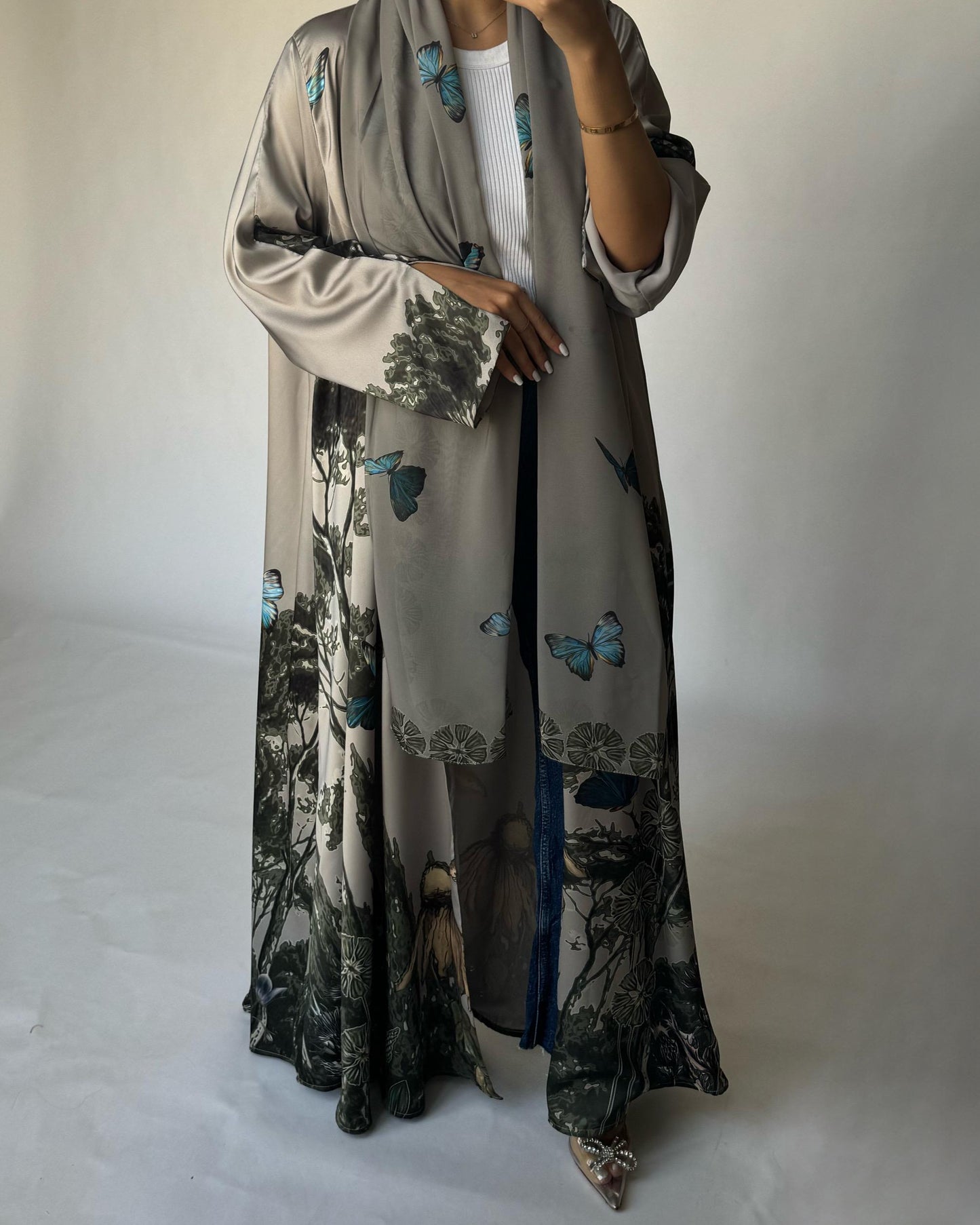 A388 - Gray Olive Butterfly Forest A-Cut Summery Abaya