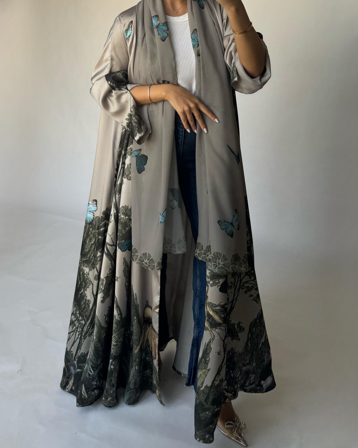 A388 - Gray Olive Butterfly Forest A-Cut Summery Abaya