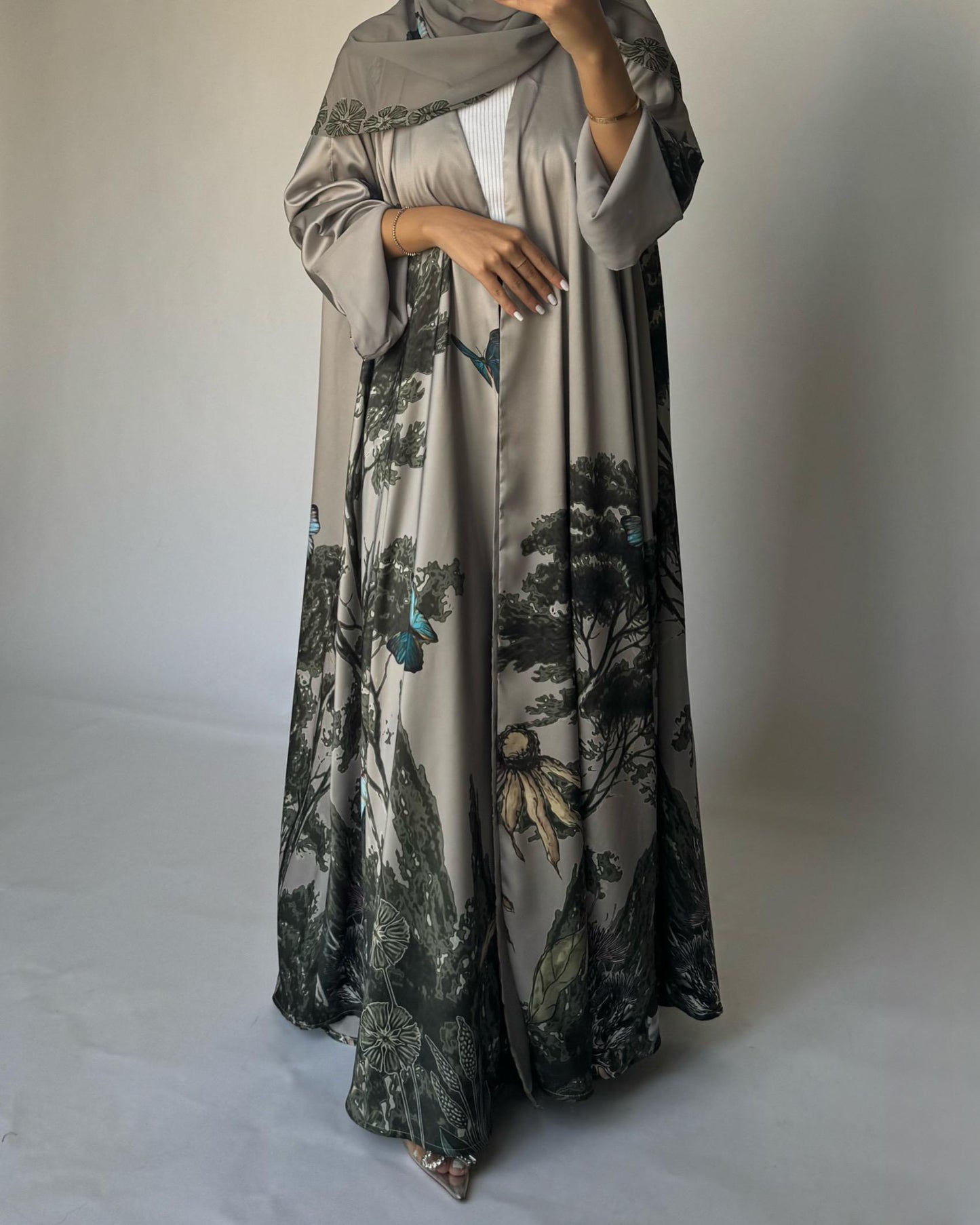 A388 - Gray Olive Butterfly Forest A-Cut Summery Abaya