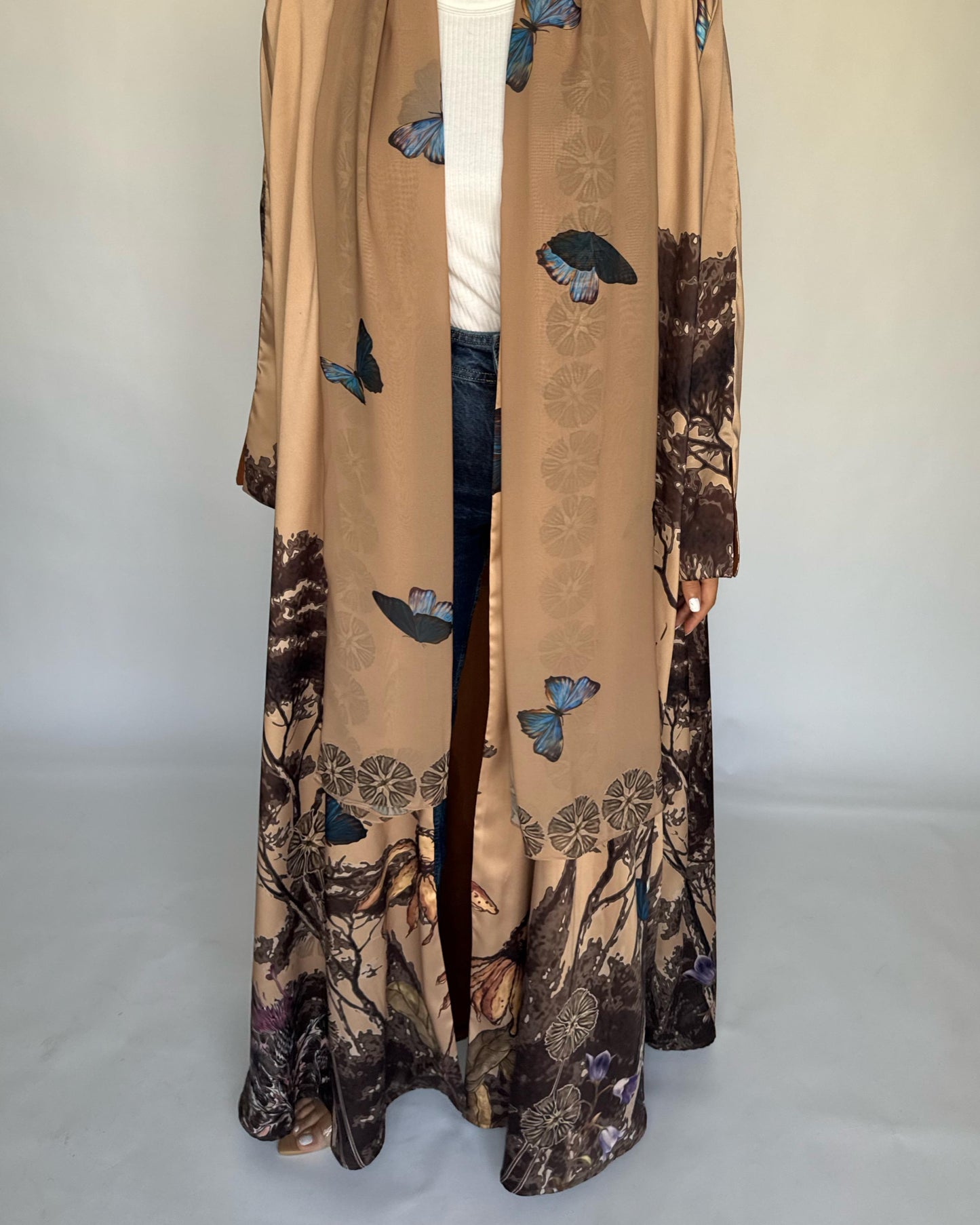 A386 - Sand Brown Butterfly Forest A-Cut Summery Abaya