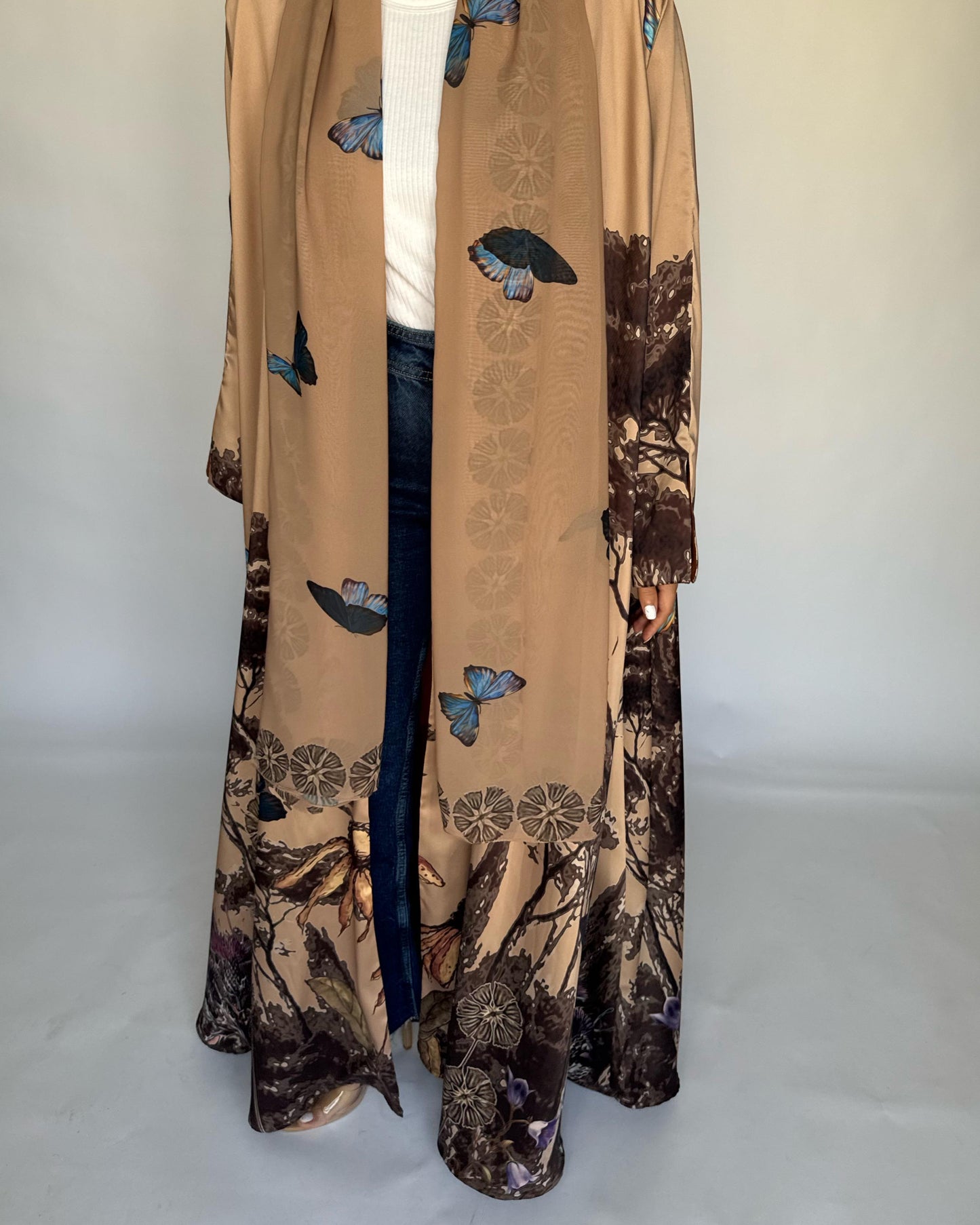 A386 - Sand Brown Butterfly Forest A-Cut Summery Abaya