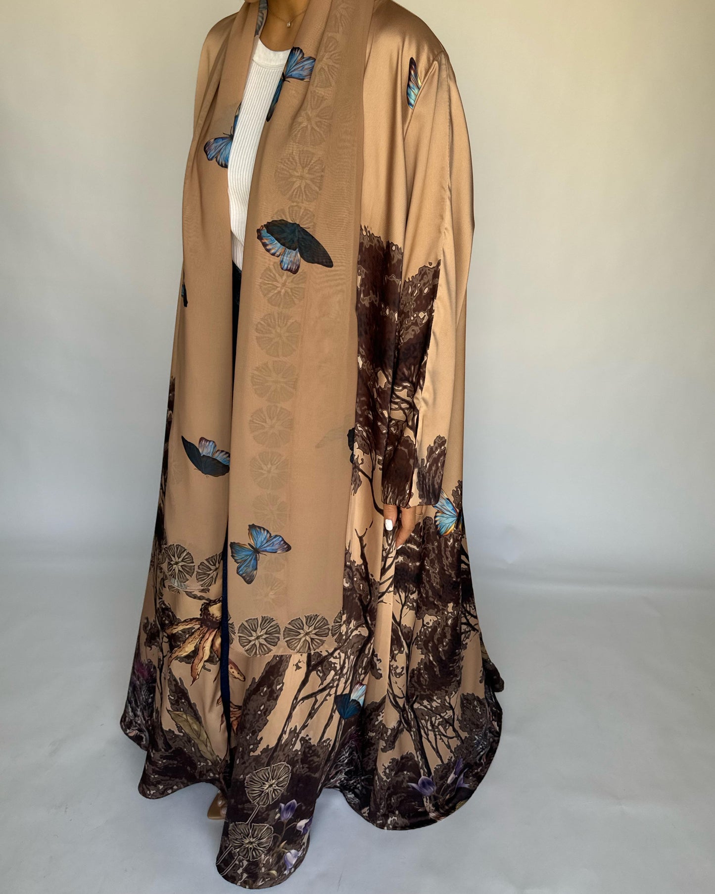 A386 - Sand Brown Butterfly Forest A-Cut Summery Abaya