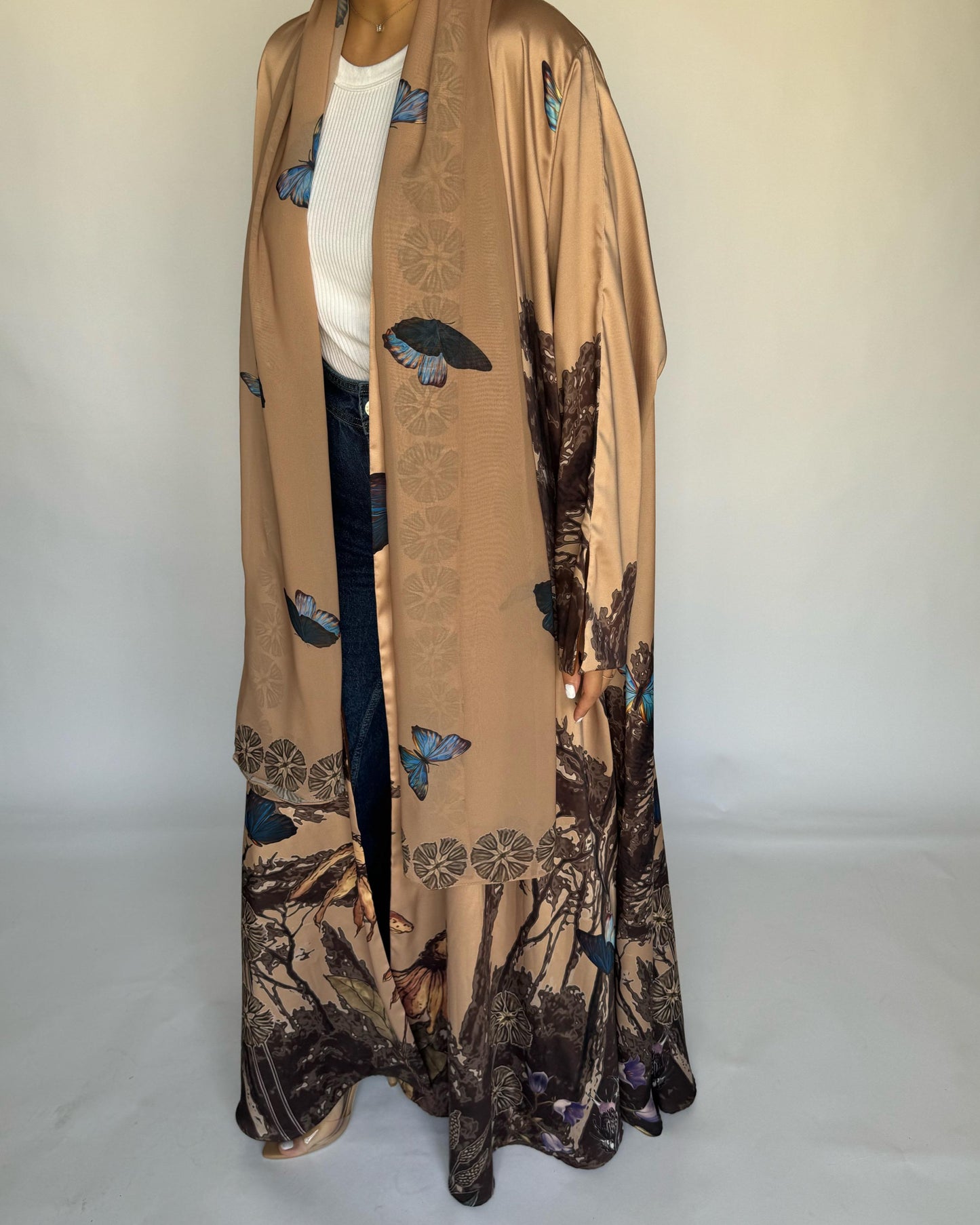 A386 - Sand Brown Butterfly Forest A-Cut Summery Abaya