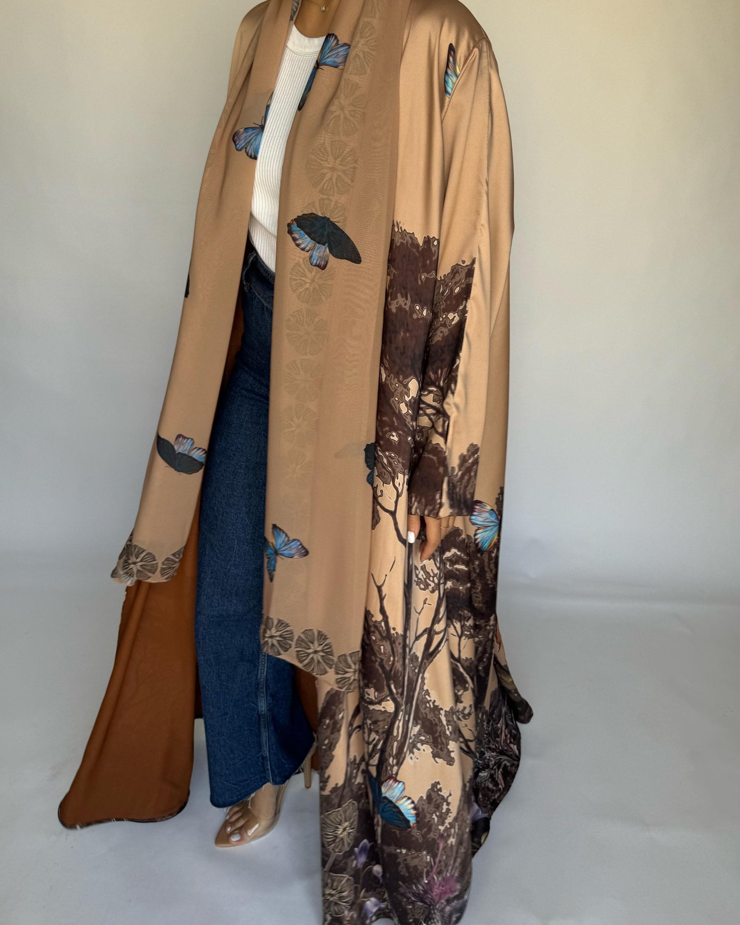 A386 - Sand Brown Butterfly Forest A-Cut Summery Abaya
