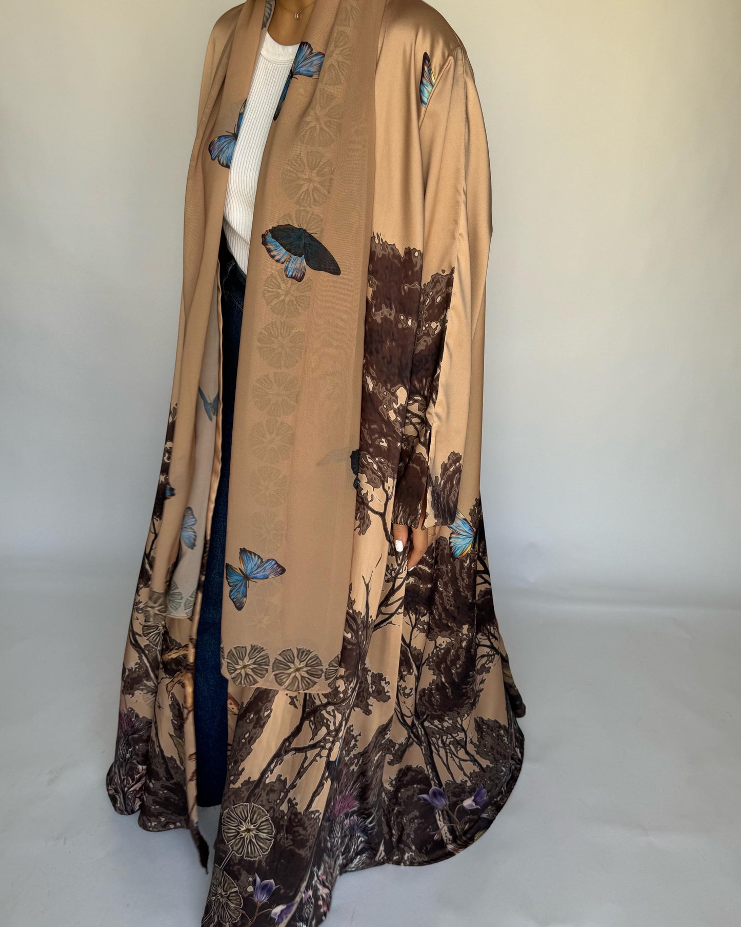 A386 - Sand Brown Butterfly Forest A-Cut Summery Abaya