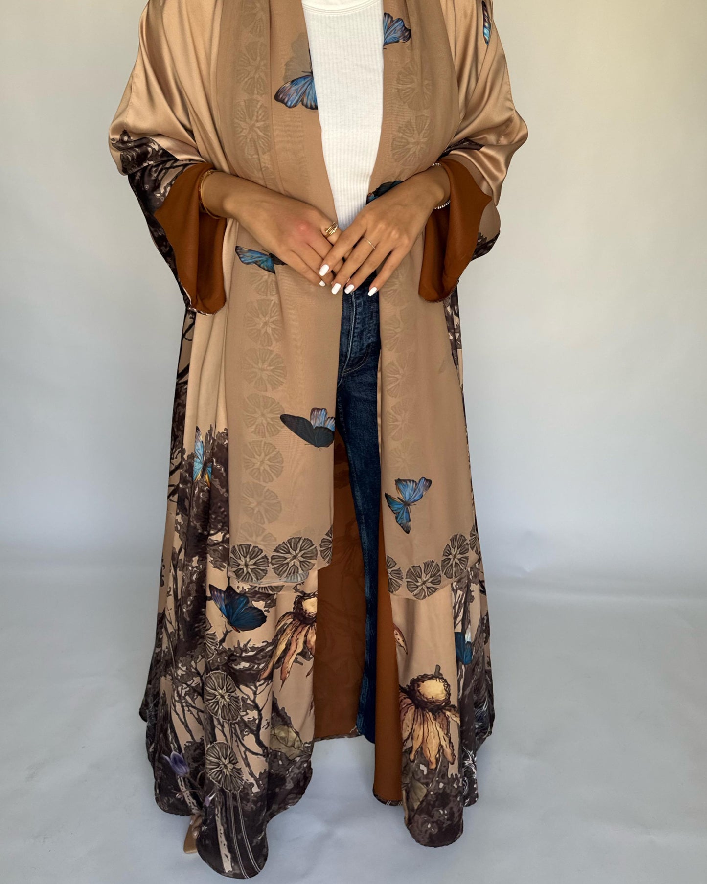 A386 - Sand Brown Butterfly Forest A-Cut Summery Abaya
