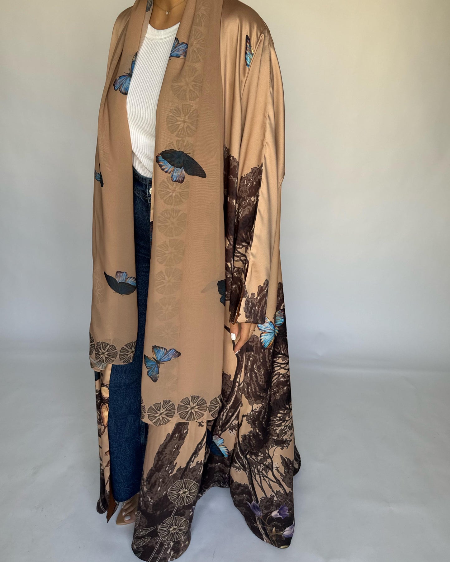 A386 - Sand Brown Butterfly Forest A-Cut Summery Abaya