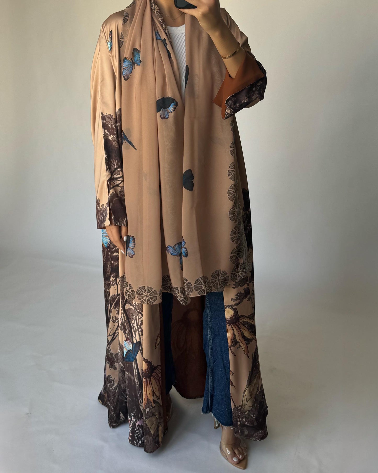 A386 - Sand Brown Butterfly Forest A-Cut Summery Abaya