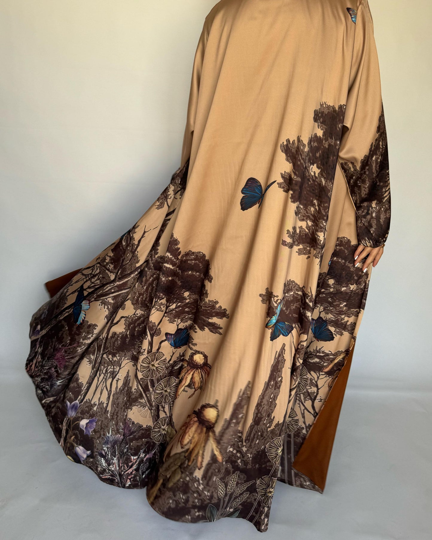 A386 - Sand Brown Butterfly Forest A-Cut Summery Abaya