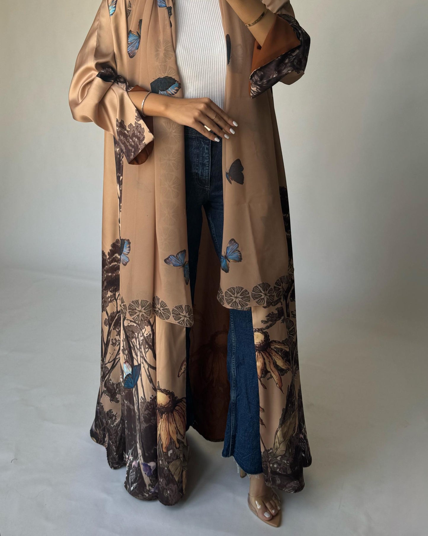 A386 - Sand Brown Butterfly Forest A-Cut Summery Abaya