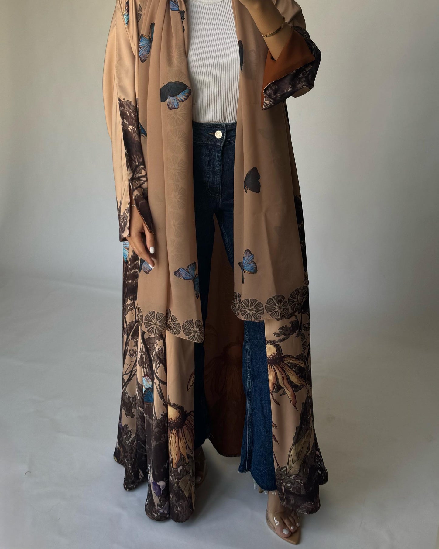 A386 - Sand Brown Butterfly Forest A-Cut Summery Abaya