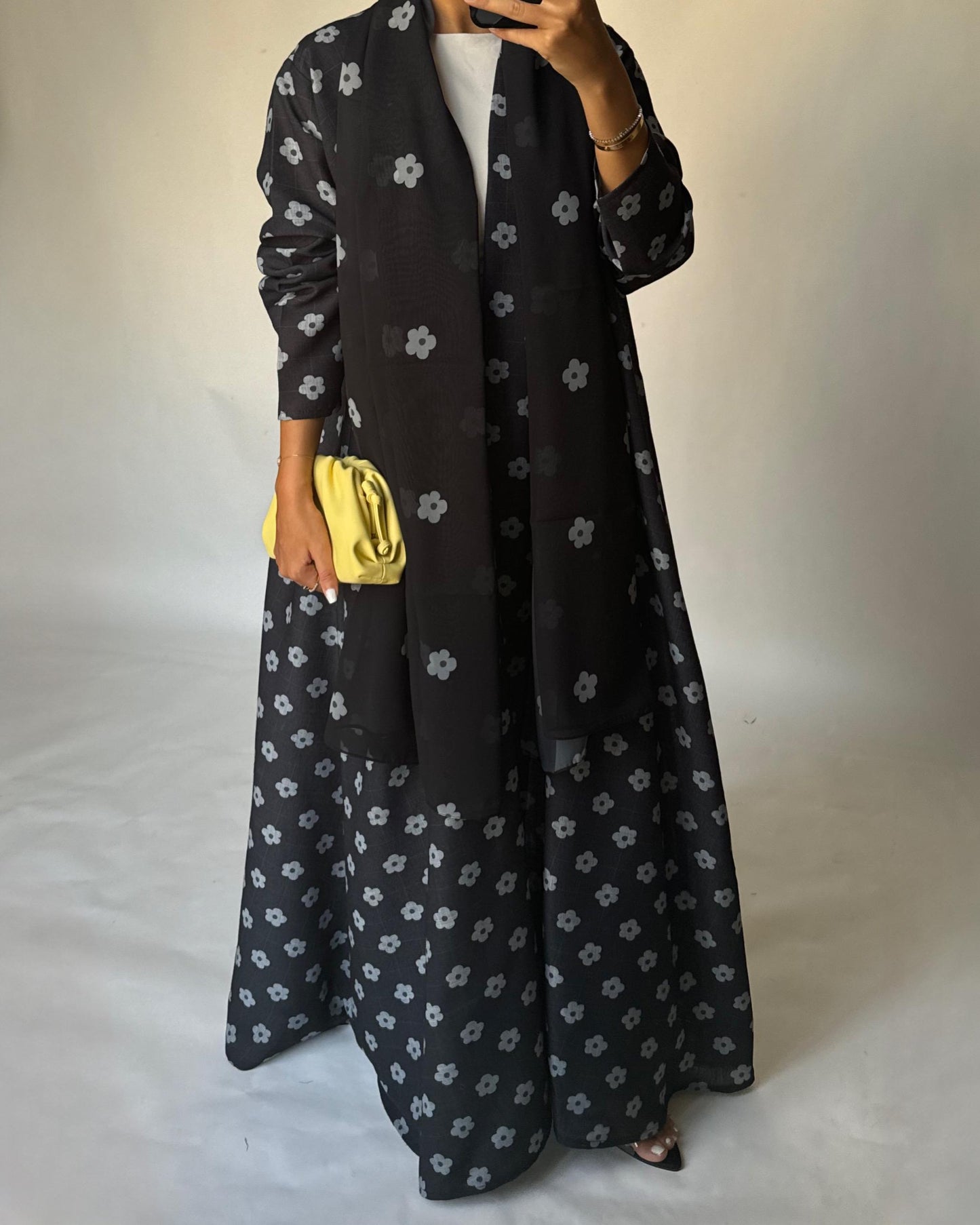 A396 - Black Flower Linen A-Cut Summery Abaya