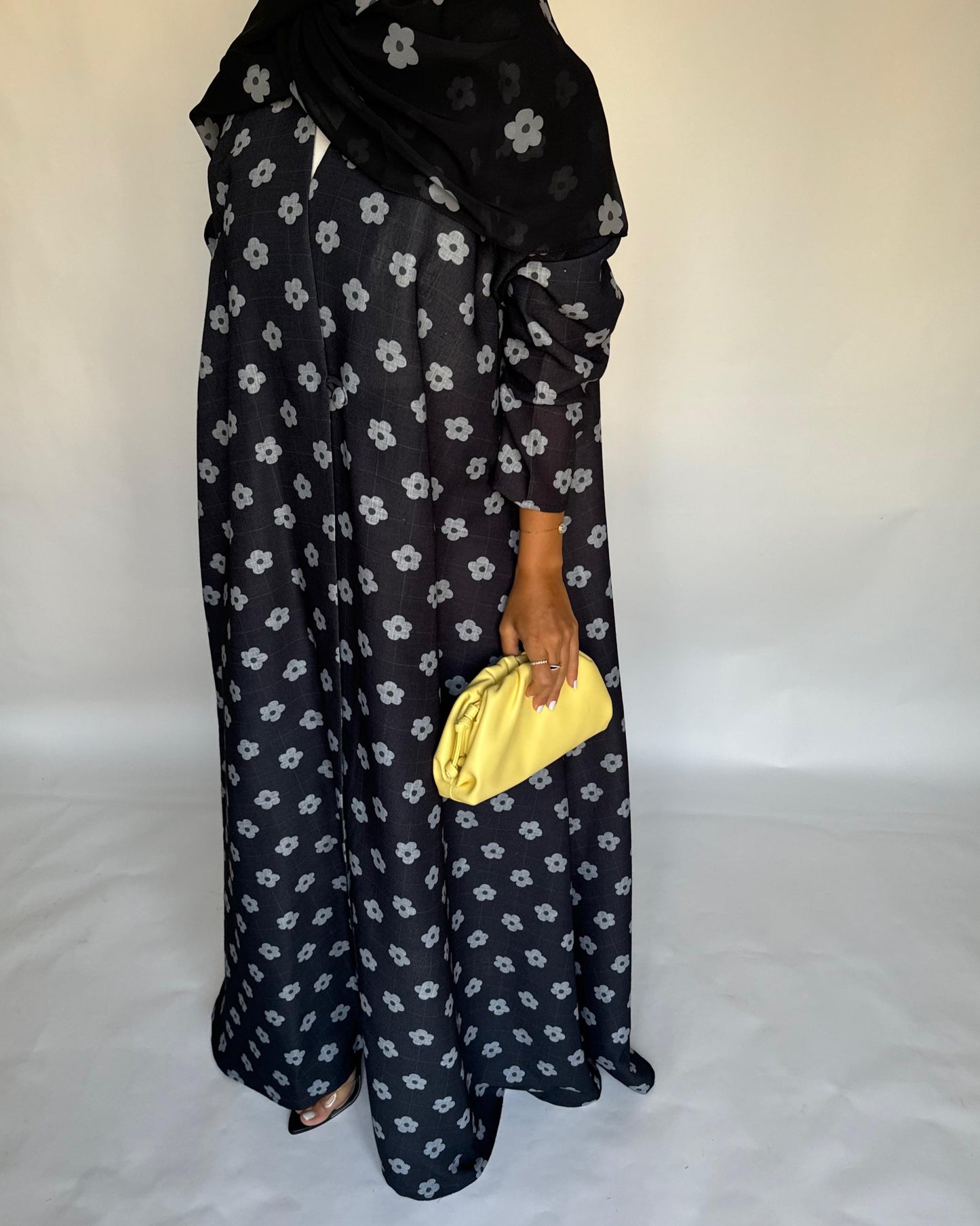 A396 - Black Flower Linen A-Cut Summery Abaya
