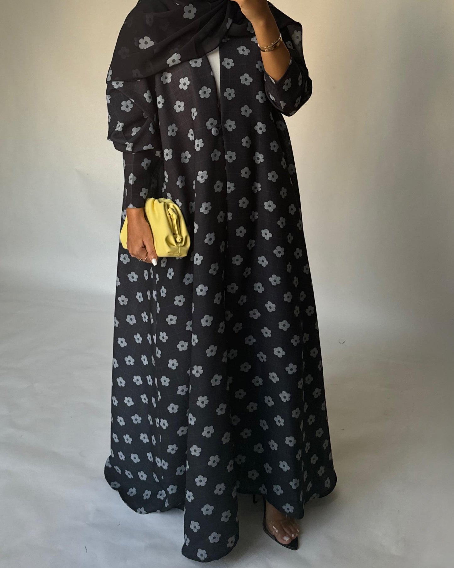 A396 - Black Flower Linen A-Cut Summery Abaya