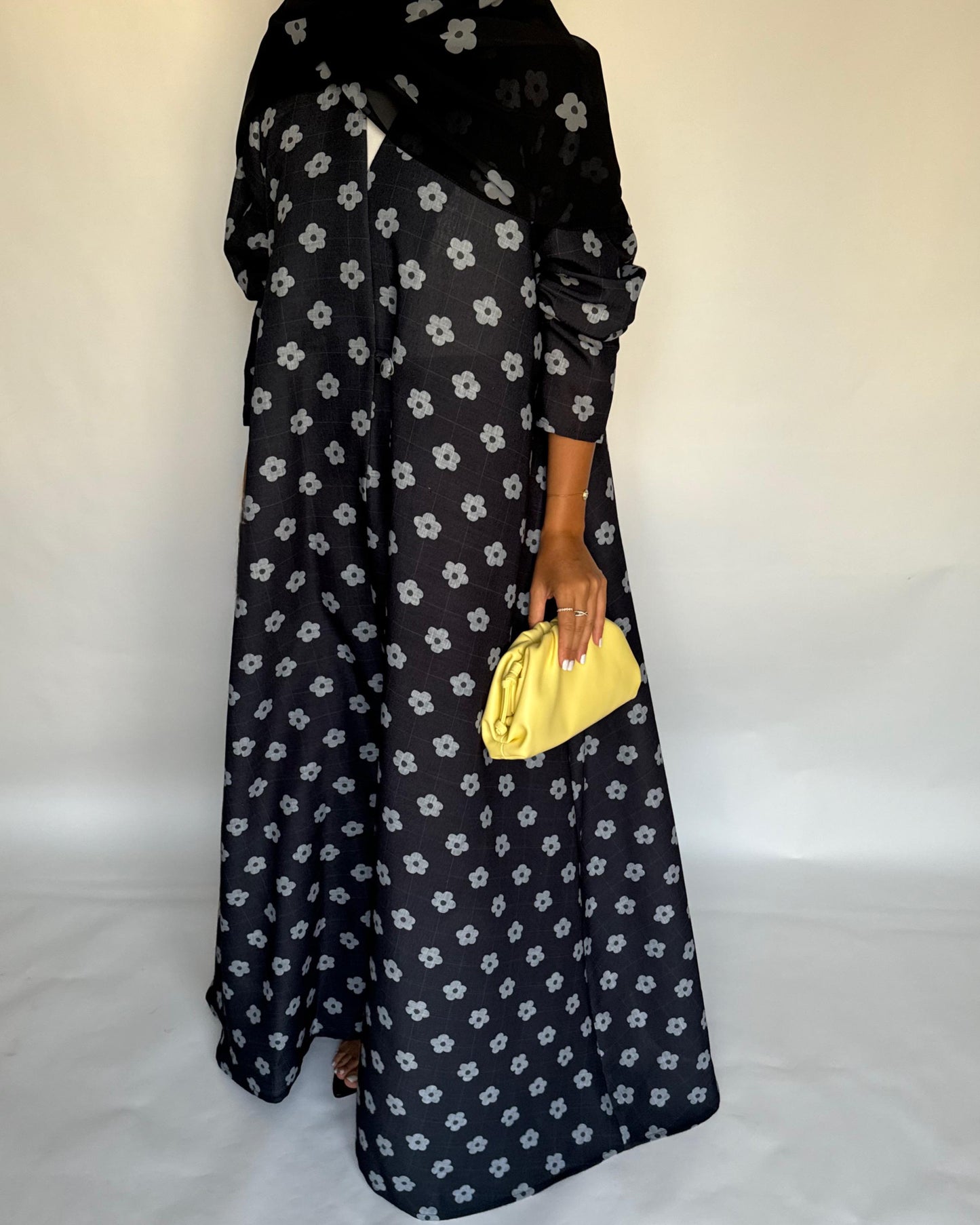 A396 - Black Flower Linen A-Cut Summery Abaya
