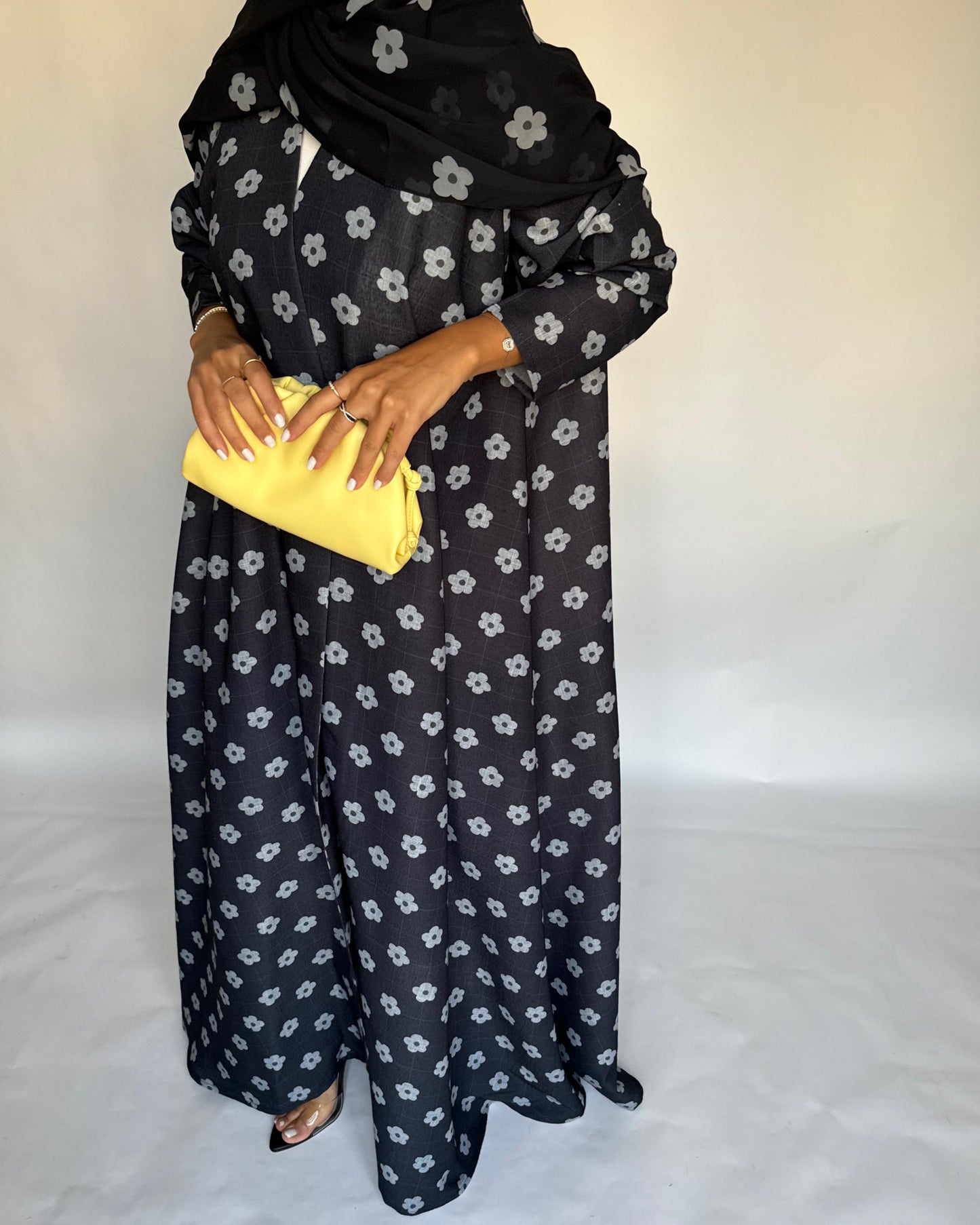 A396 - Black Flower Linen A-Cut Summery Abaya