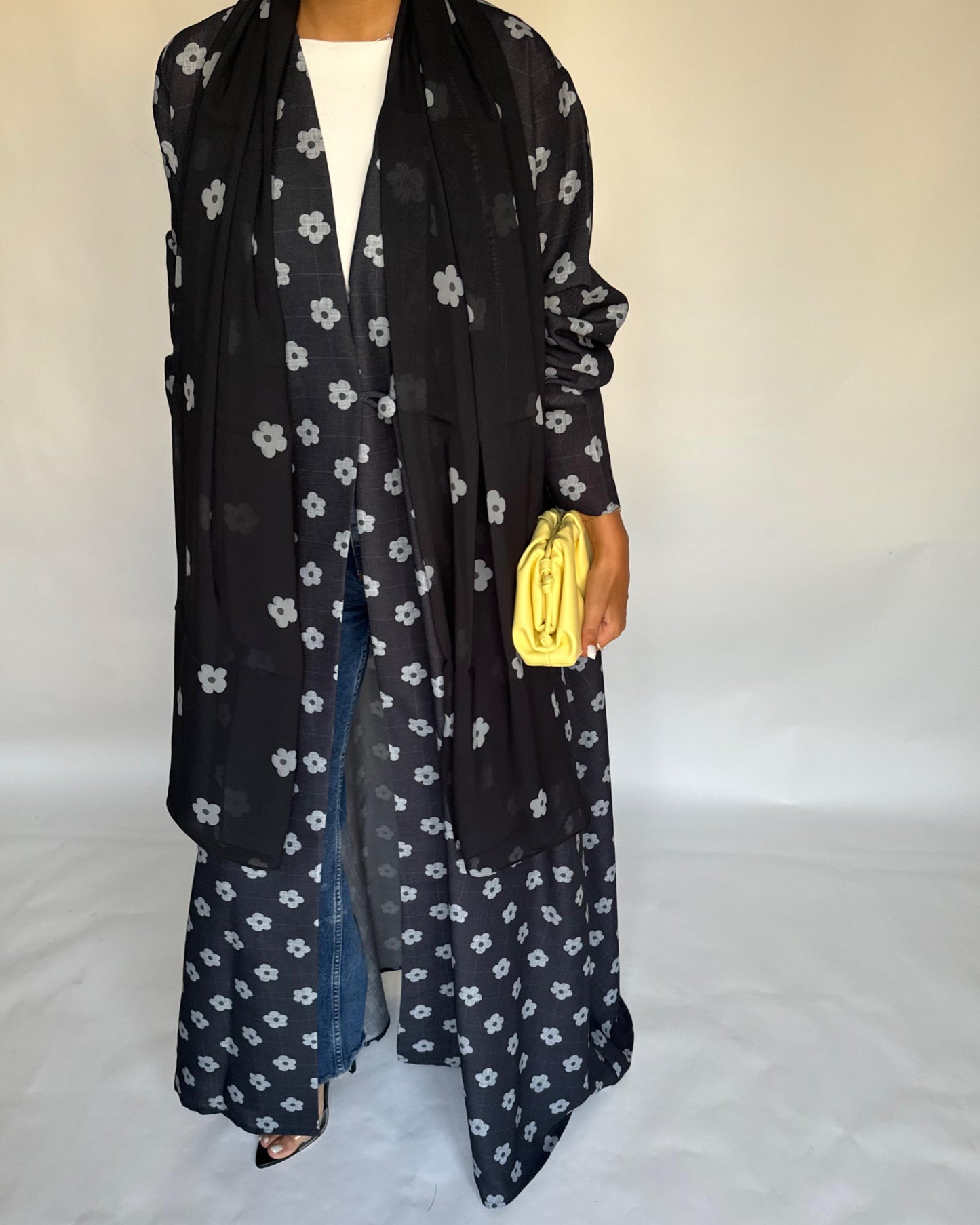A396 - Black Flower Linen A-Cut Summery Abaya