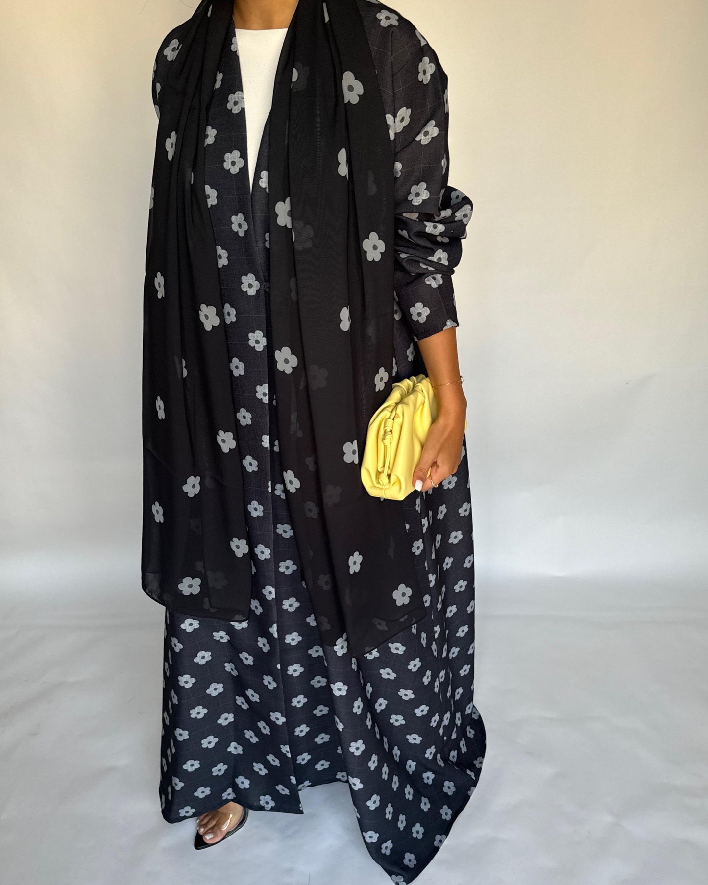 A396 - Black Flower Linen A-Cut Summery Abaya
