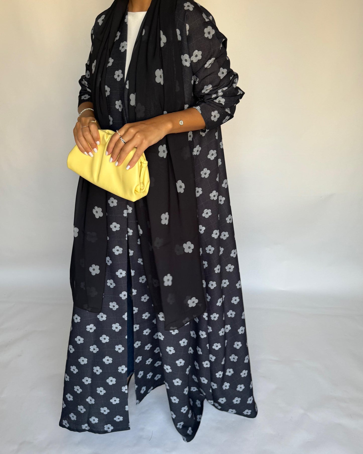 A396 - Black Flower Linen A-Cut Summery Abaya
