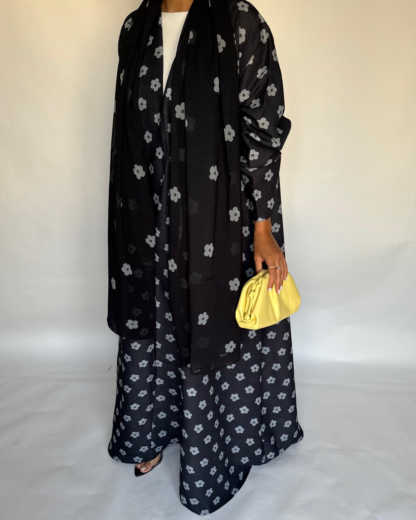 A396 - Black Flower Linen A-Cut Summery Abaya