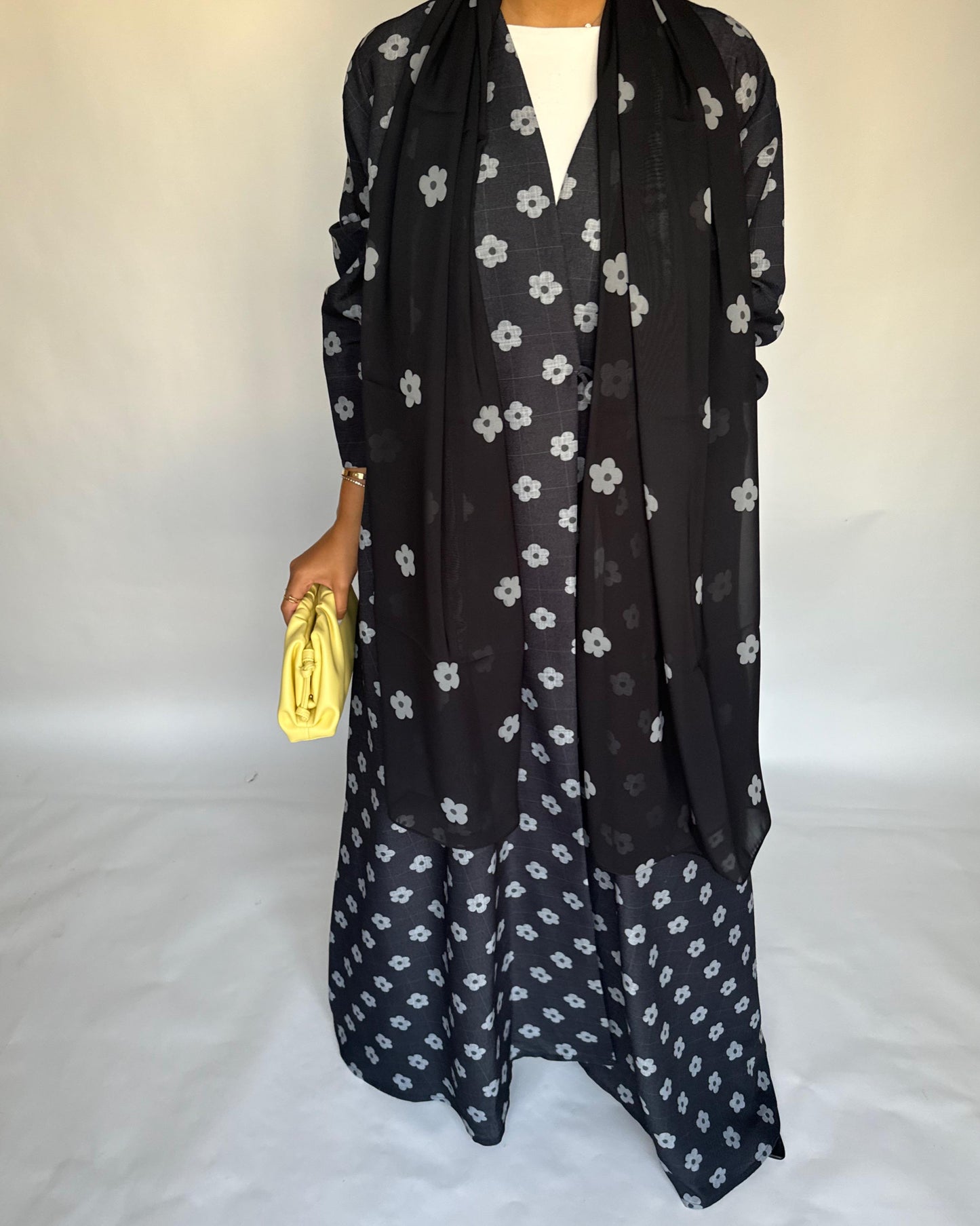 A396 - Black Flower Linen A-Cut Summery Abaya