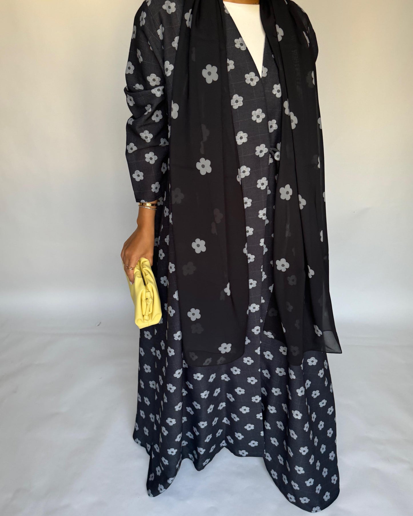 A396 - Black Flower Linen A-Cut Summery Abaya