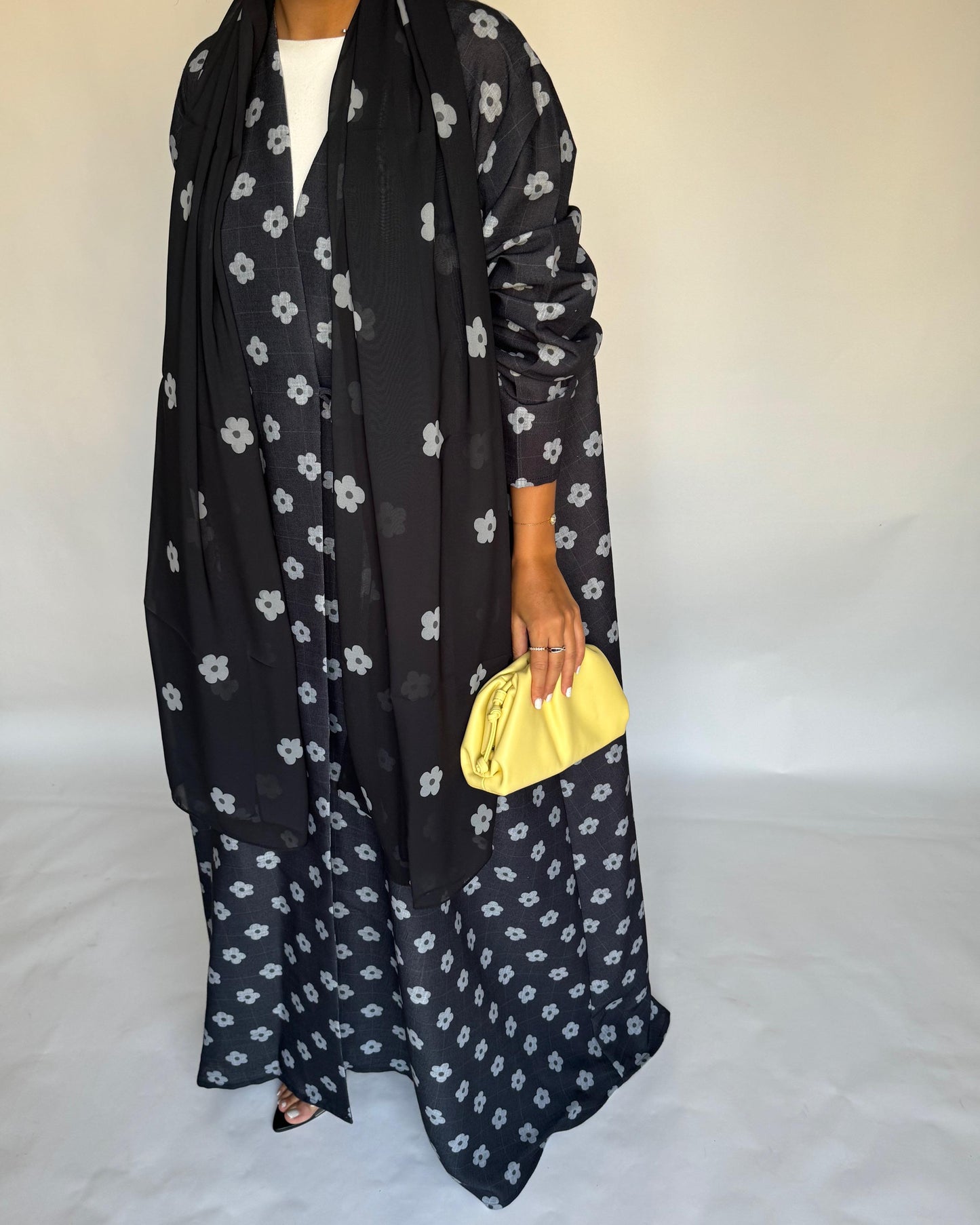 A396 - Black Flower Linen A-Cut Summery Abaya