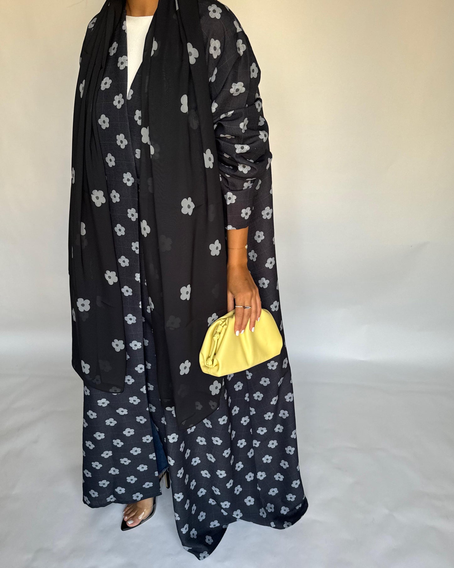 A396 - Black Flower Linen A-Cut Summery Abaya