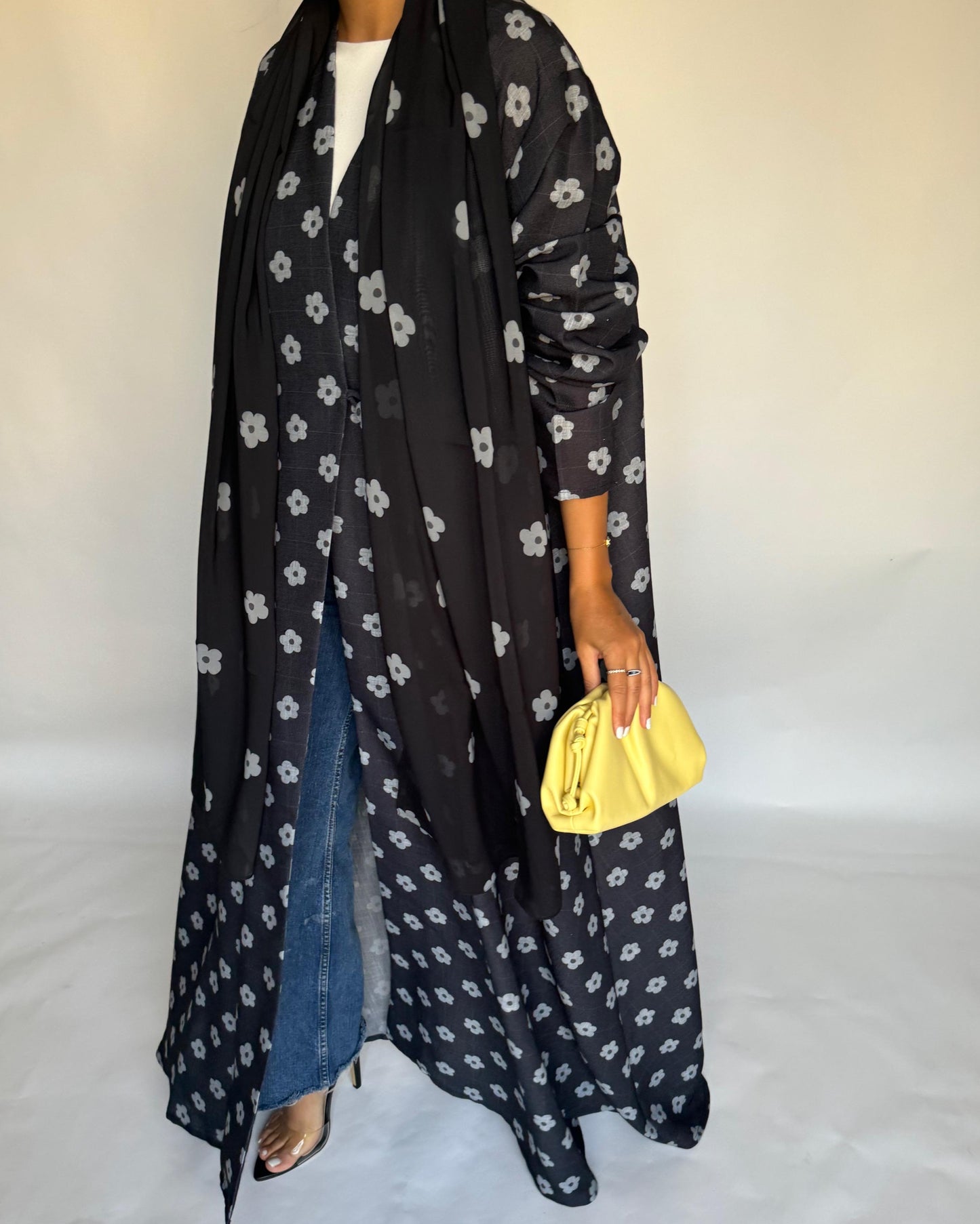 A396 - Black Flower Linen A-Cut Summery Abaya