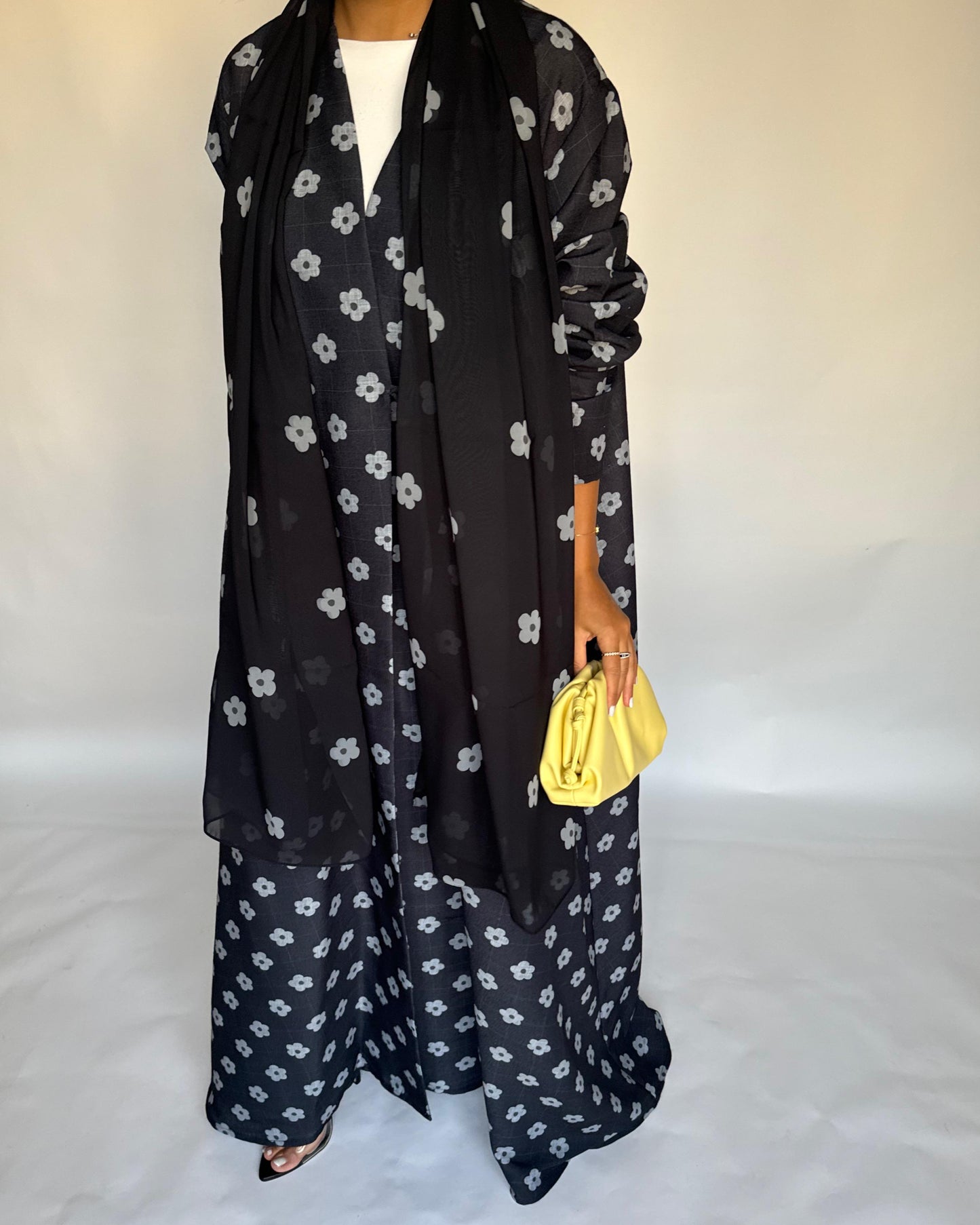 A396 - Black Flower Linen A-Cut Summery Abaya