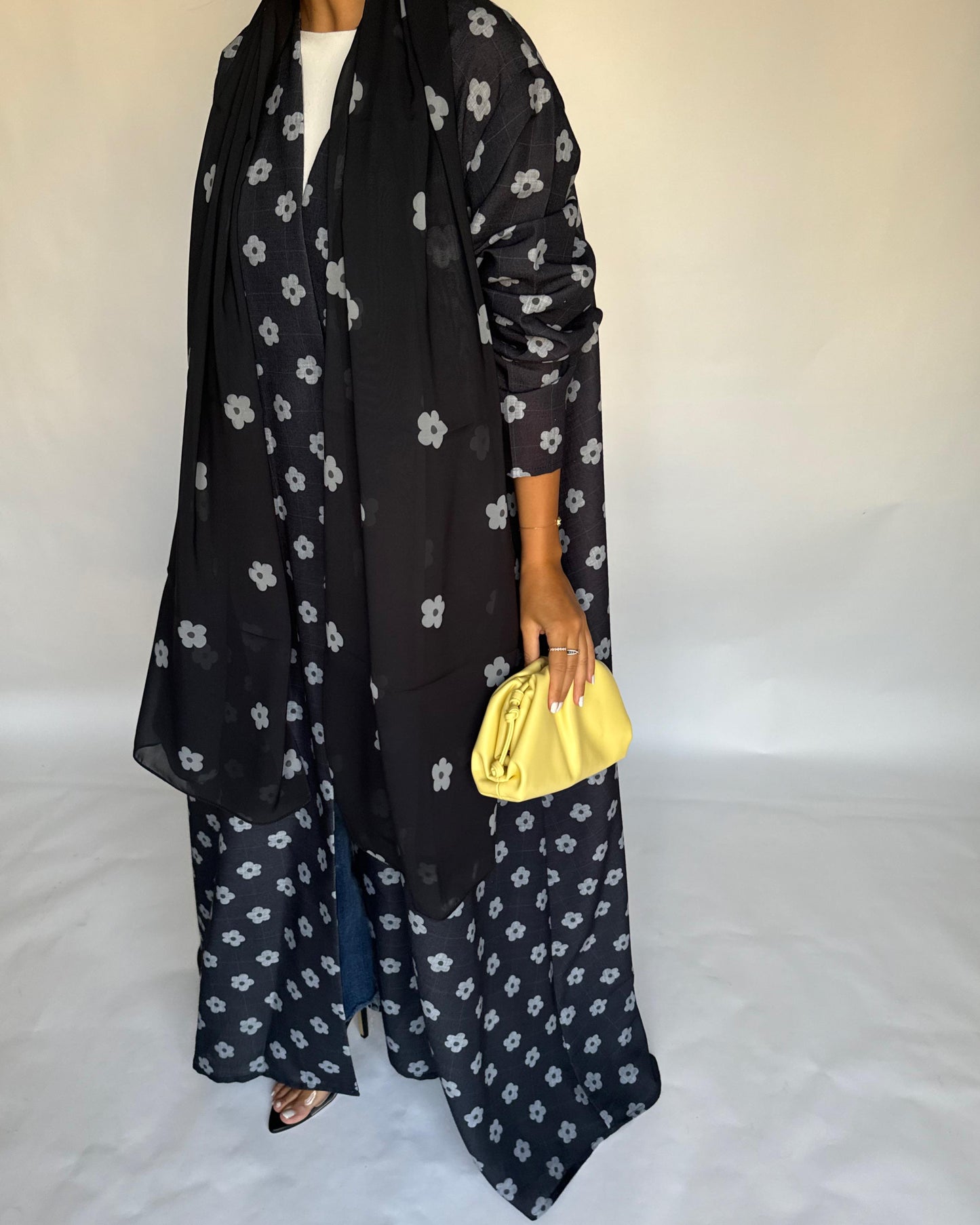 A396 - Black Flower Linen A-Cut Summery Abaya