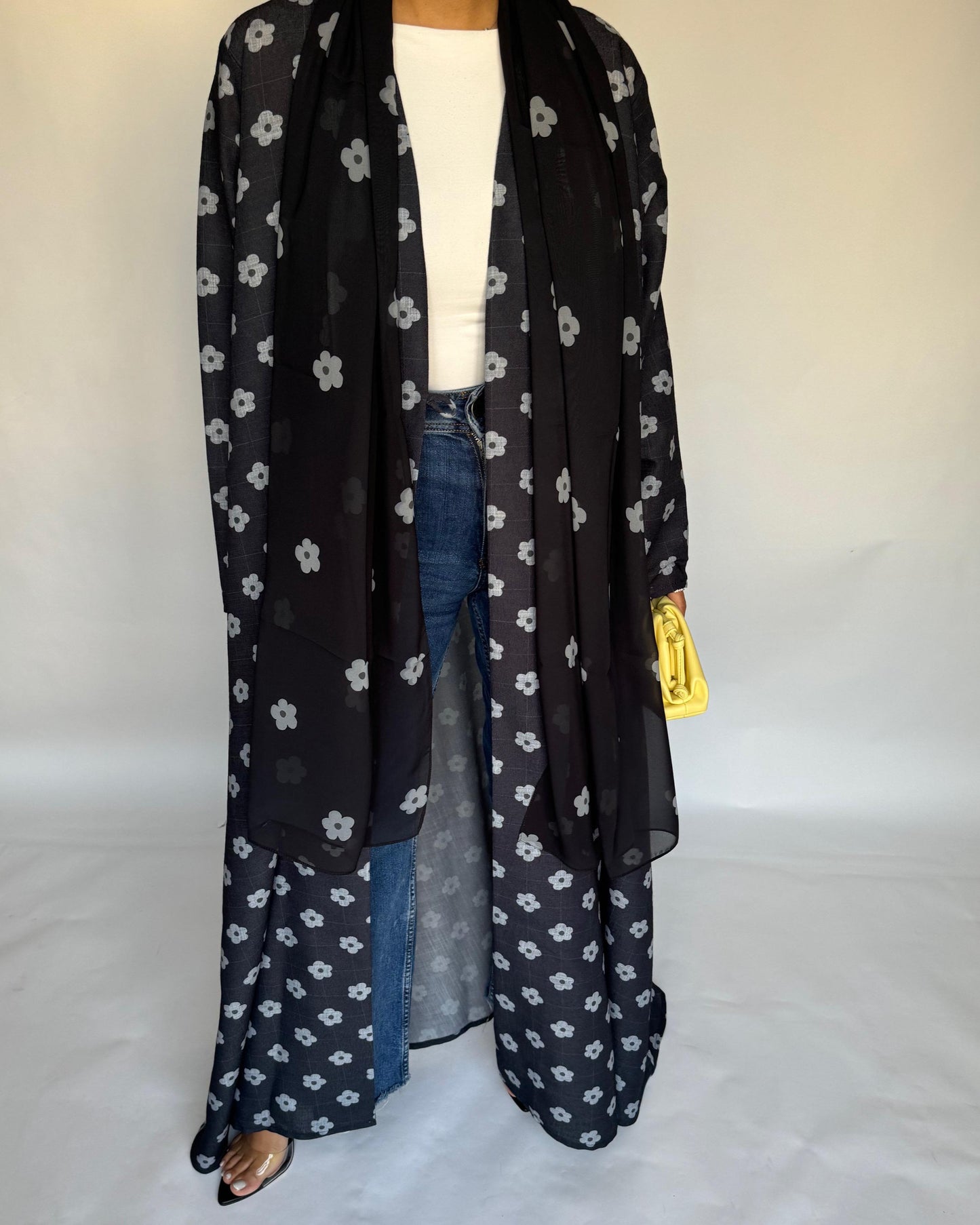 A396 - Black Flower Linen A-Cut Summery Abaya