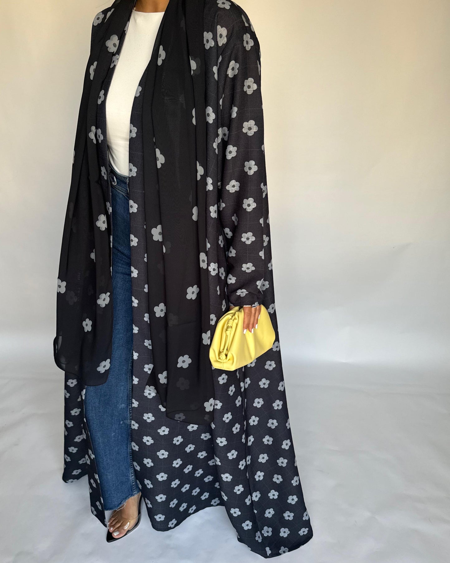 A396 - Black Flower Linen A-Cut Summery Abaya