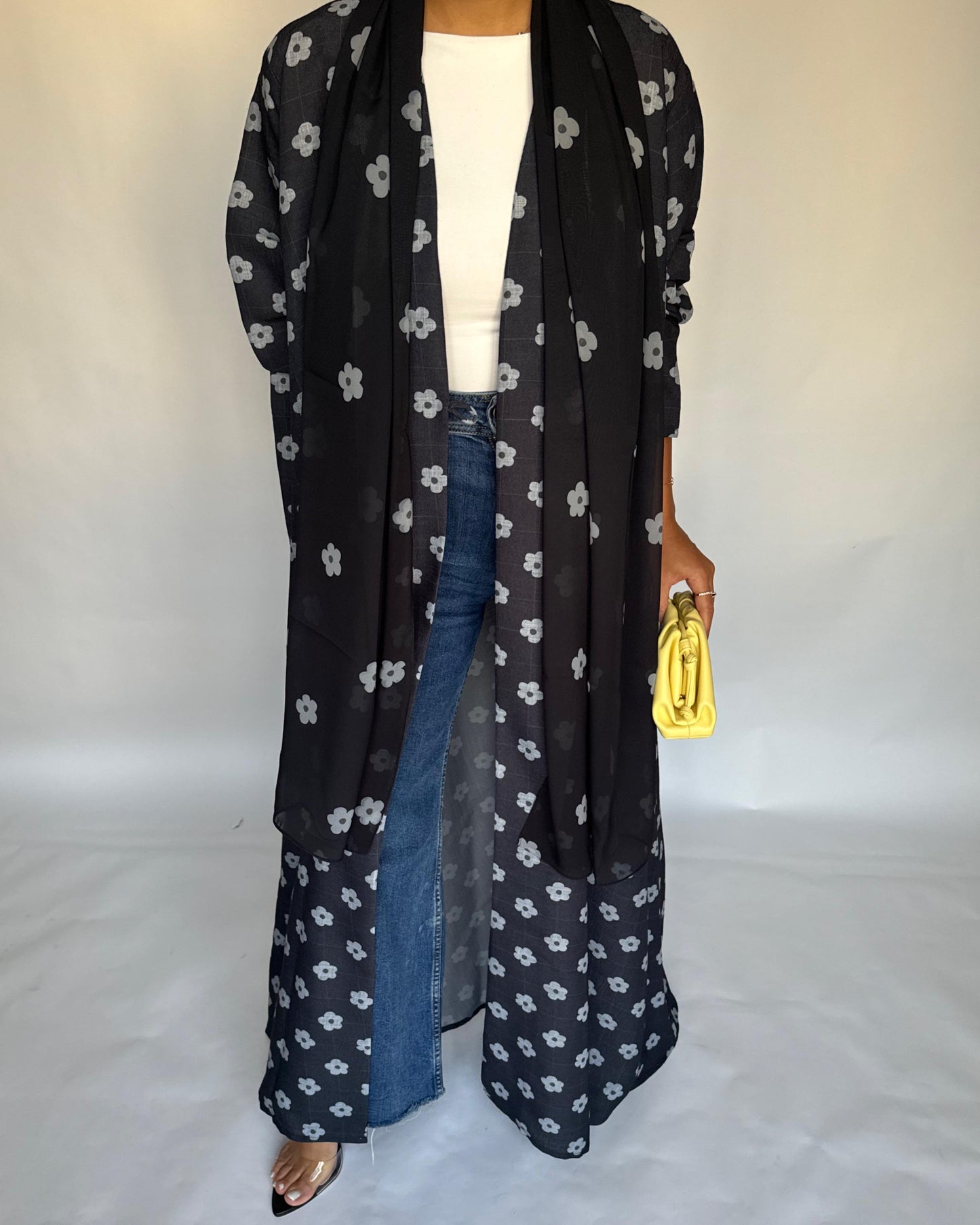 A396 - Black Flower Linen A-Cut Summery Abaya